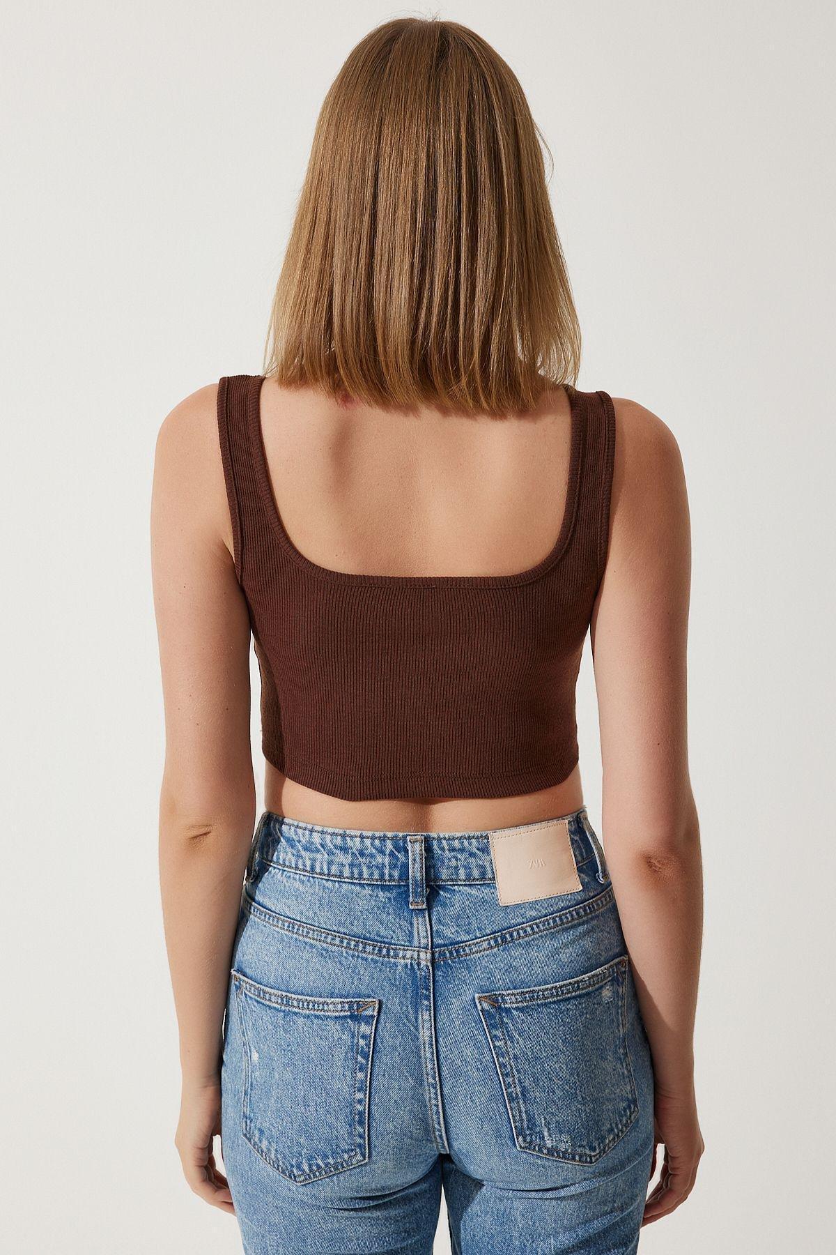 Brown Halter Corduroy Crop Knitted Blouse, Brown, large image number 4