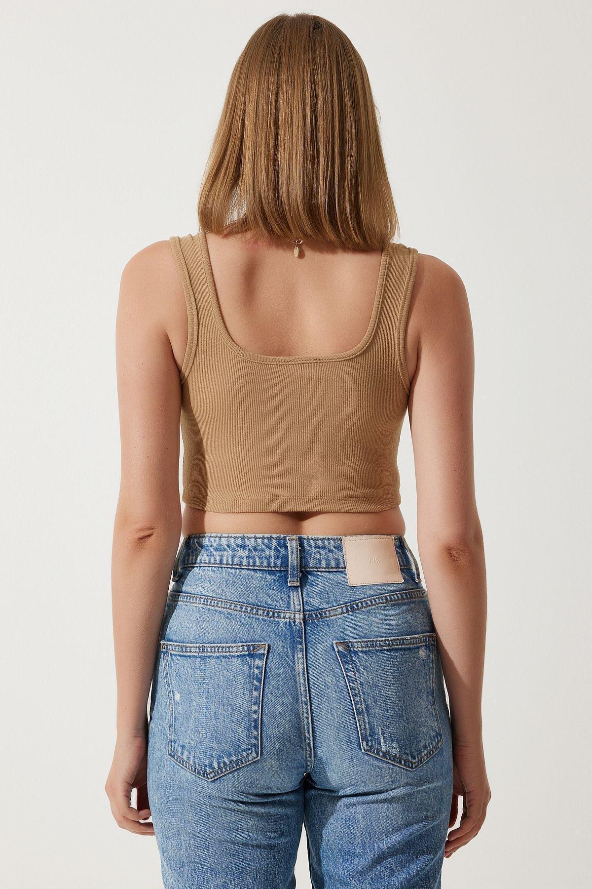 Beige Halter Ribbed Crop Knitted Blouse, BISCUIT, large image number 3