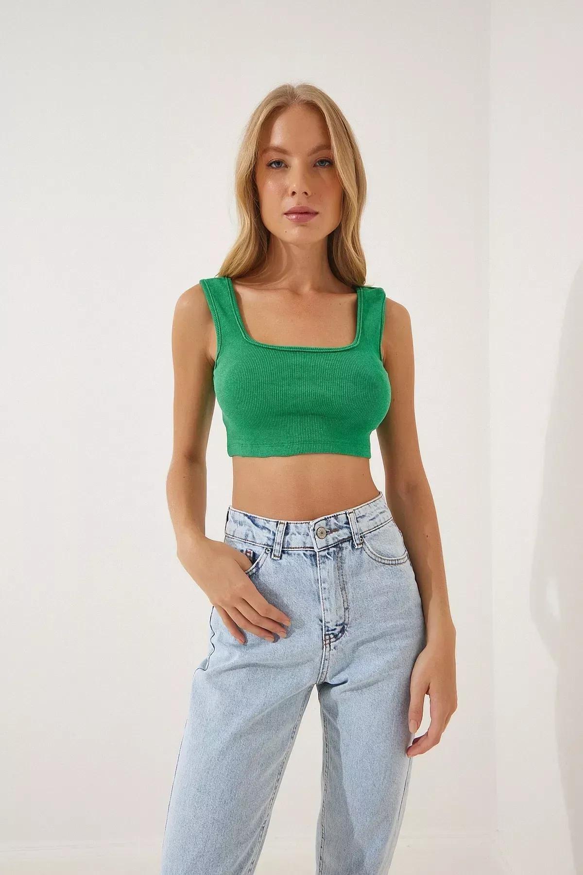 Green Halter Corduroy Crop Knitted Blouse, Green, large image number 0