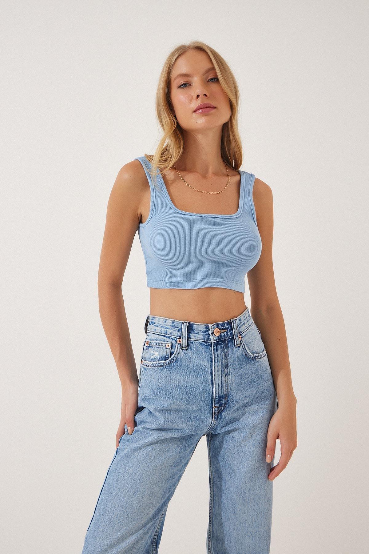 Blue Scoop Neck Fitted Blouse, SKY BLUE, large image number 2
