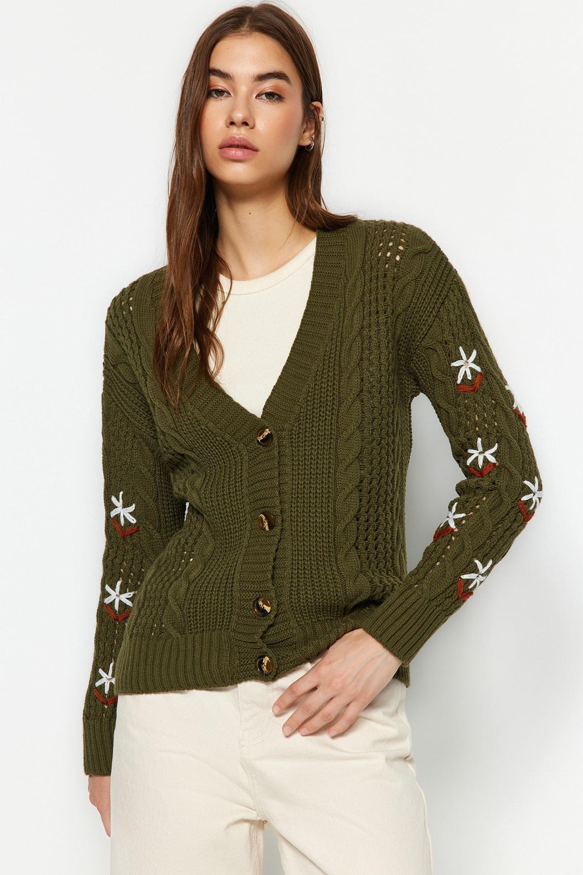 Green V-Neck Cardigan, , large image number 0