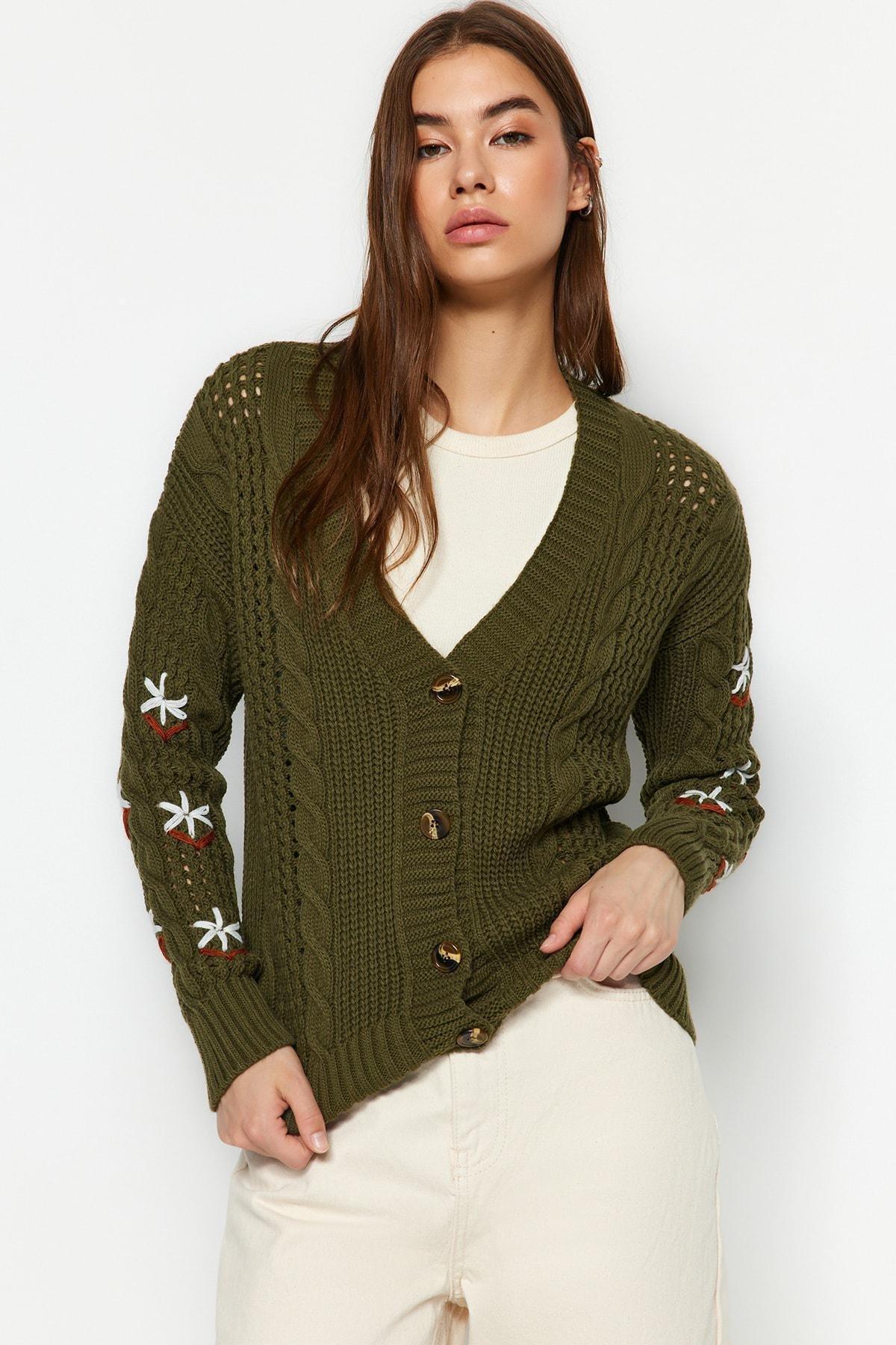 Green V-Neck Cardigan, , large image number 1
