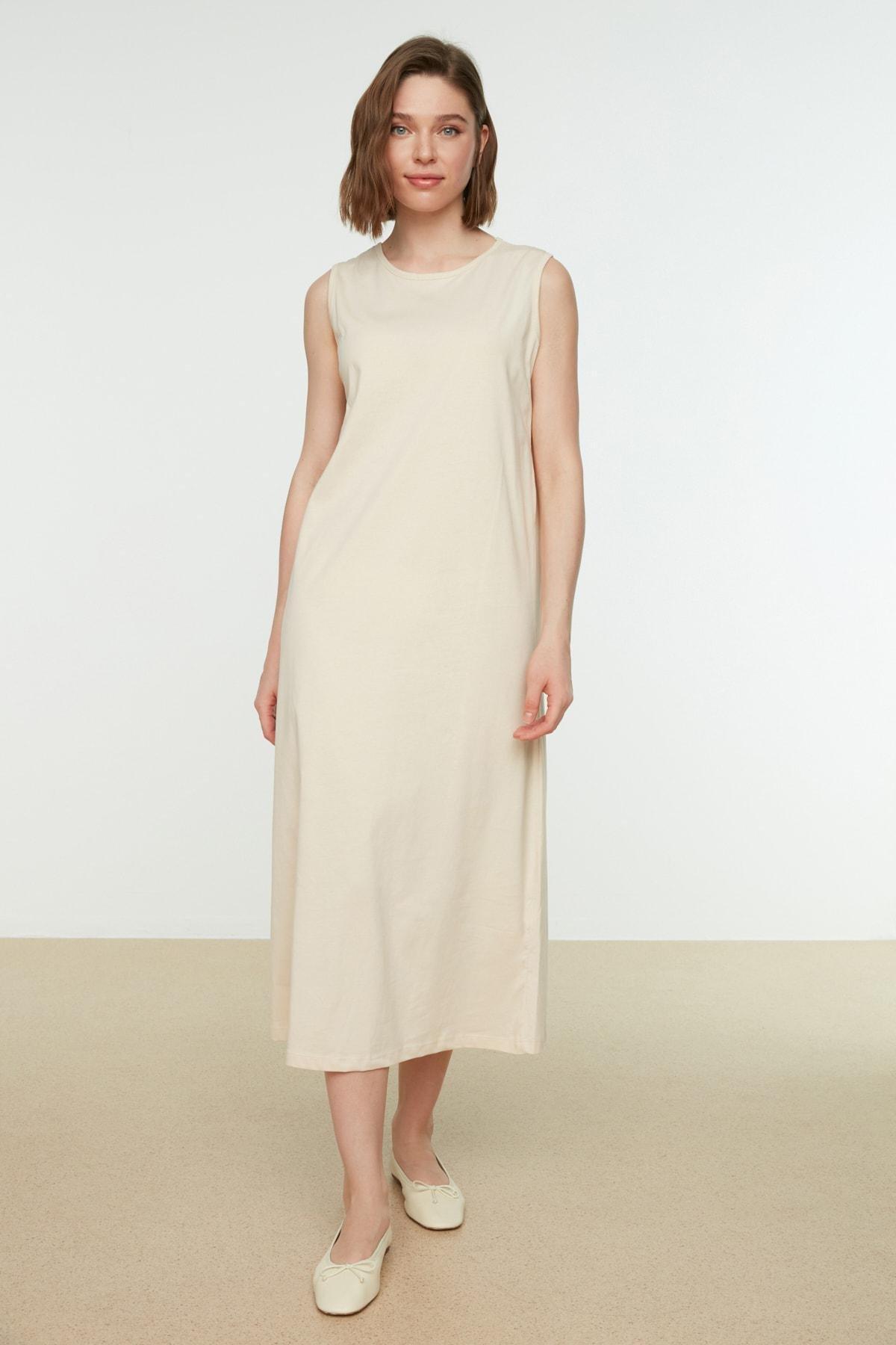 Beige A Line Crew Neck Dress, , large image number 0