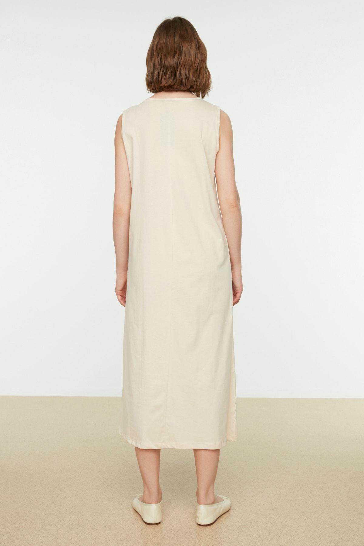 Beige A Line Crew Neck Dress, Beige, medium