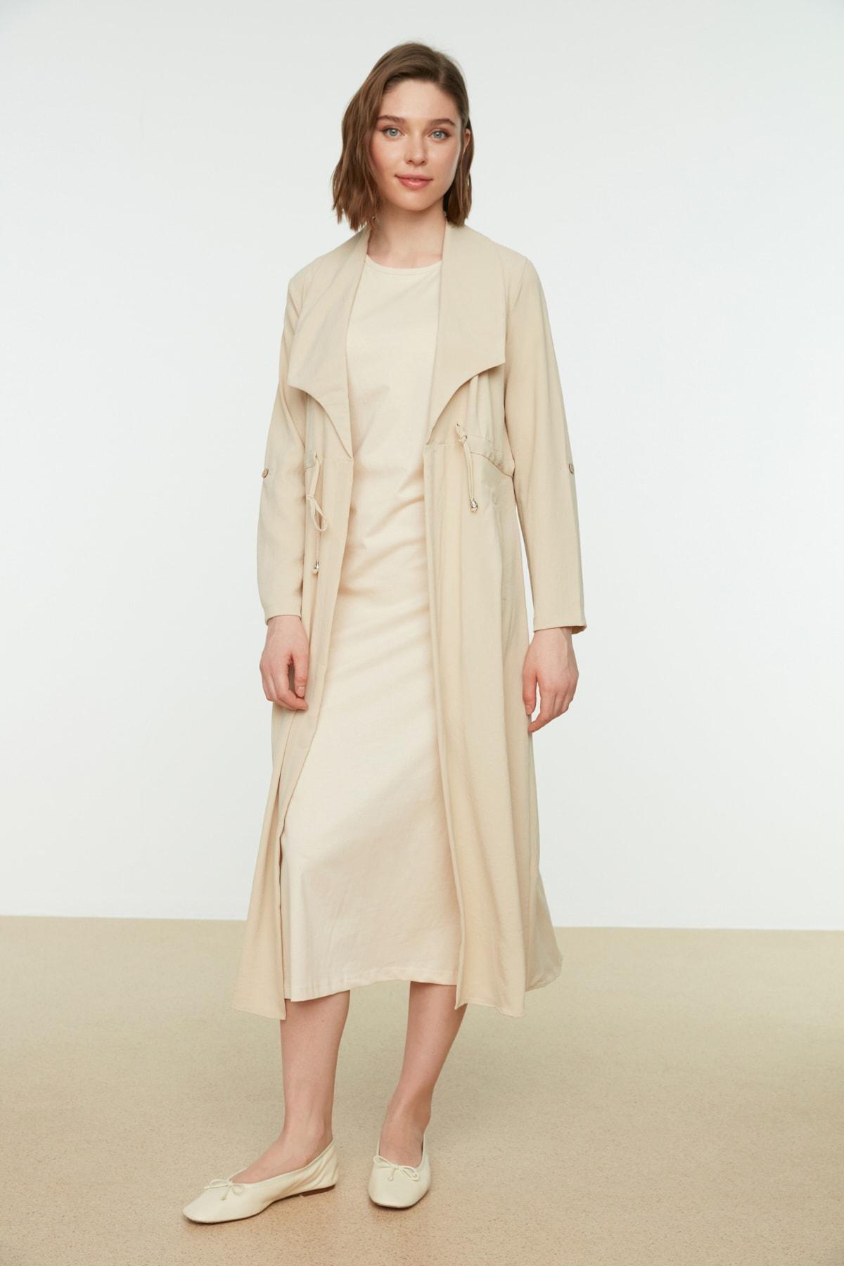 Beige A Line Crew Neck Dress, Beige, medium