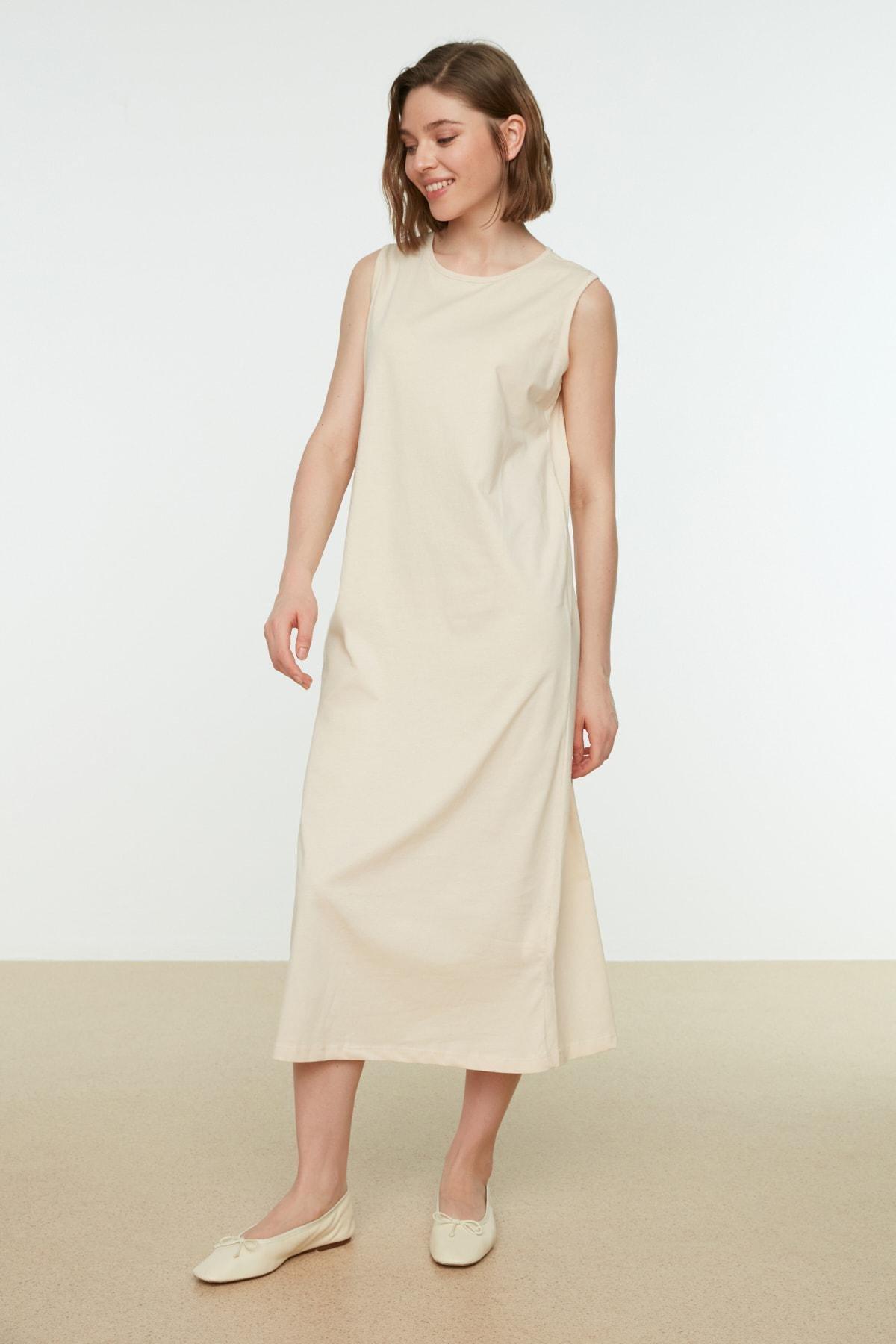 Beige A Line Crew Neck Dress, Beige, large image number 4