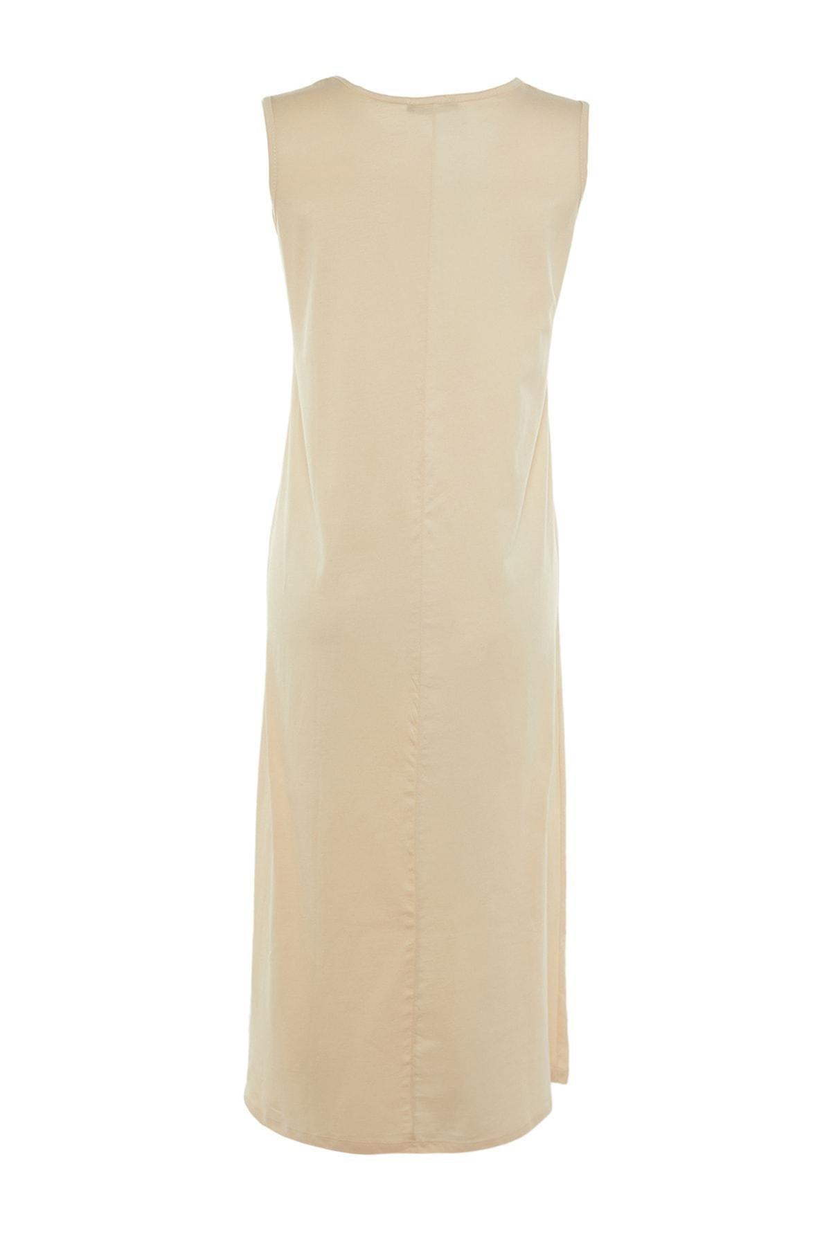 Beige A Line Crew Neck Dress, Beige, large image number 6