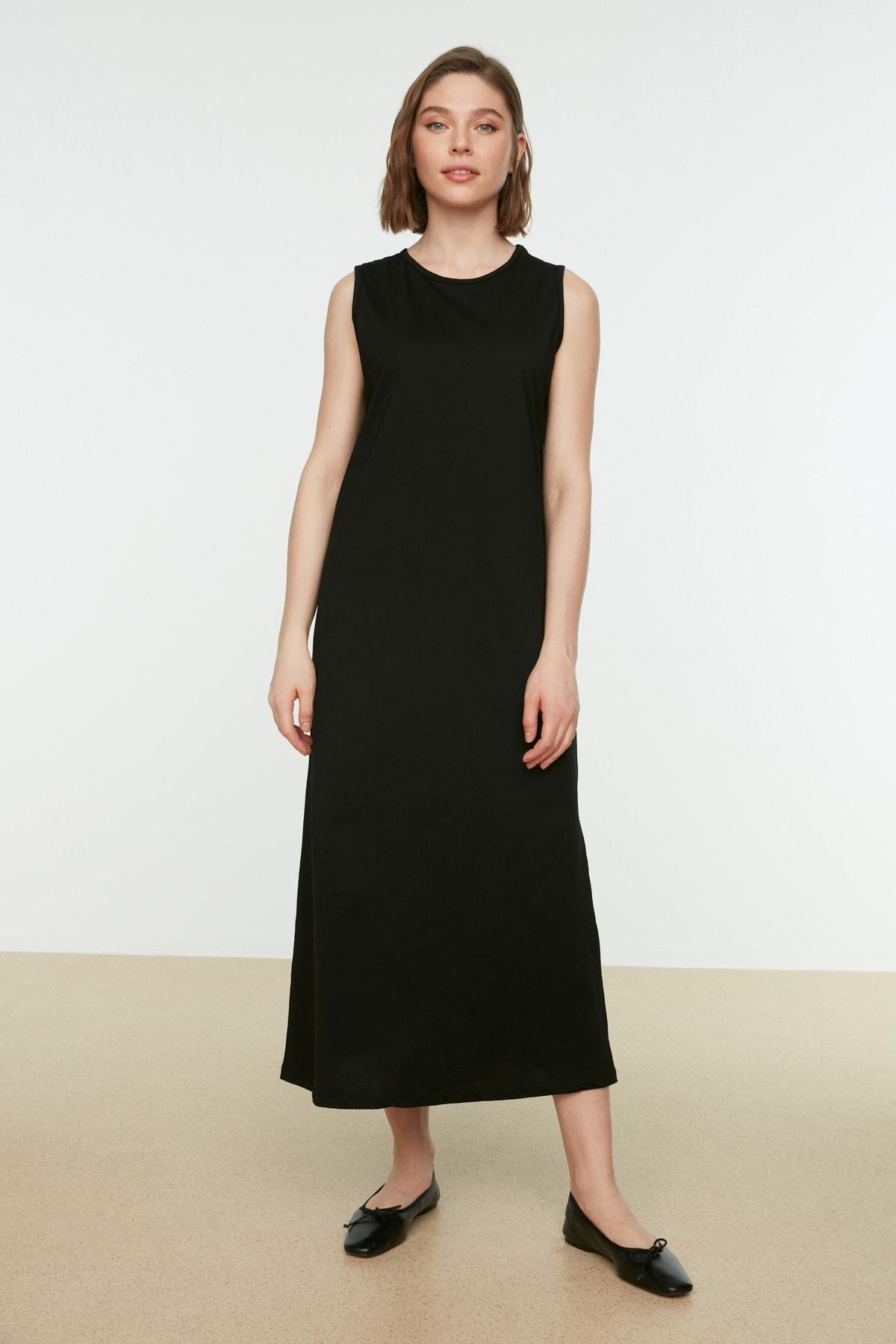 Black A Line Crew Neck Dress, Black, large image number 0