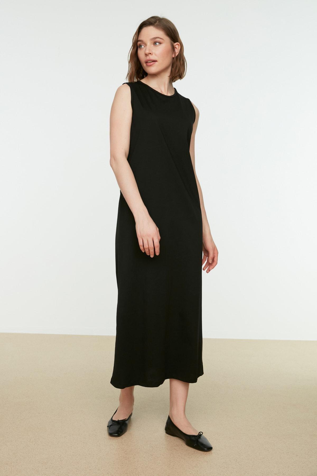 Black A Line Crew Neck Dress, Black, large image number 1
