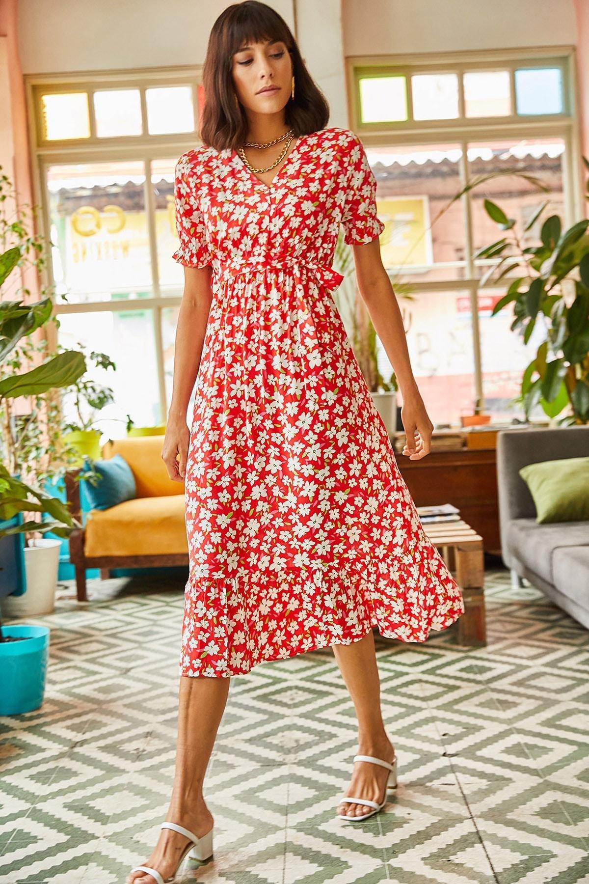 Red Floral Ruffle Hem Dress, Red, large image number 0