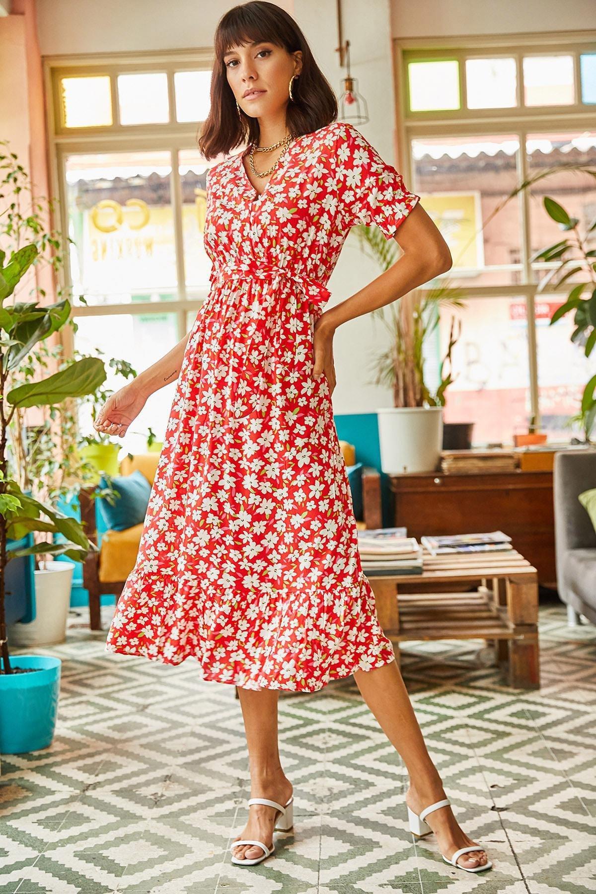 Red Floral Ruffle Hem Dress, Red, large image number 1