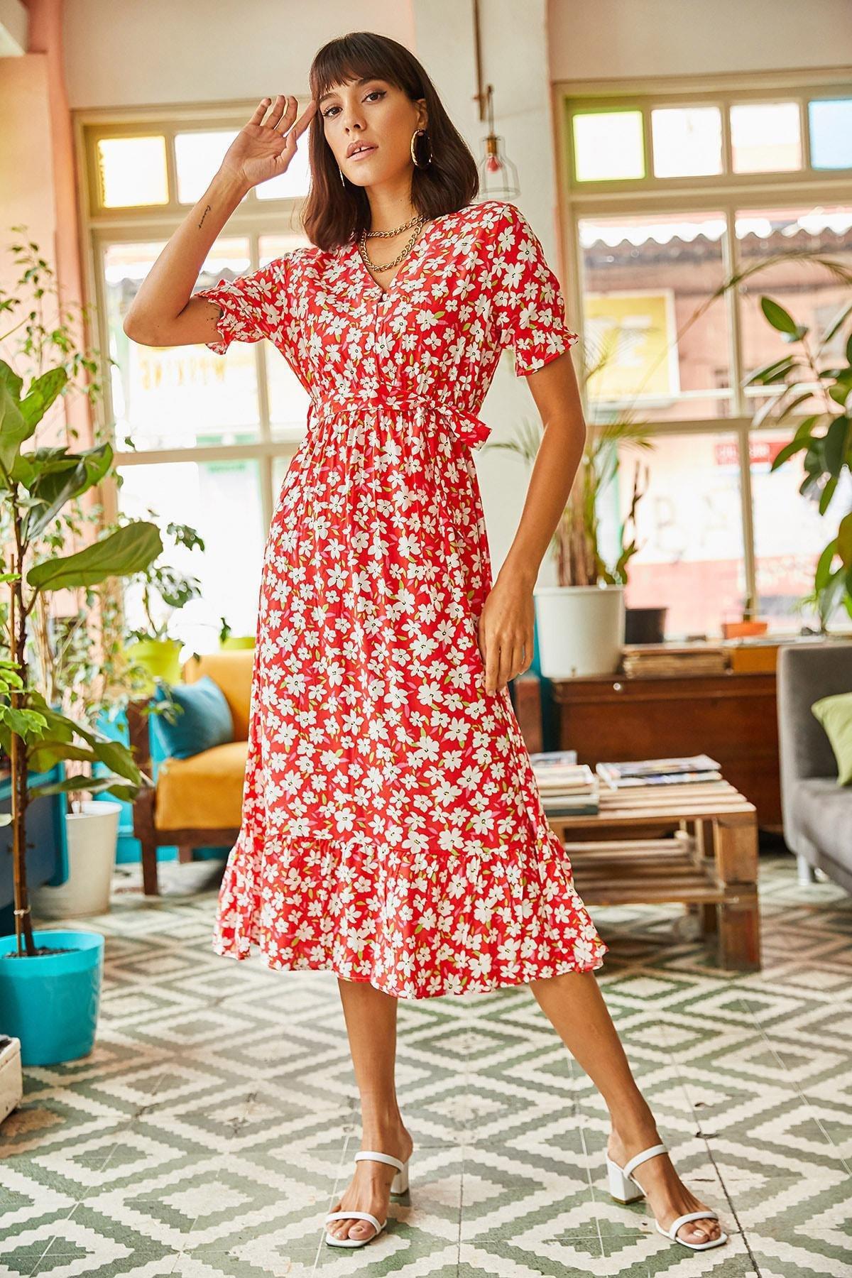 Red Floral Ruffle Hem Dress, Red, large image number 2