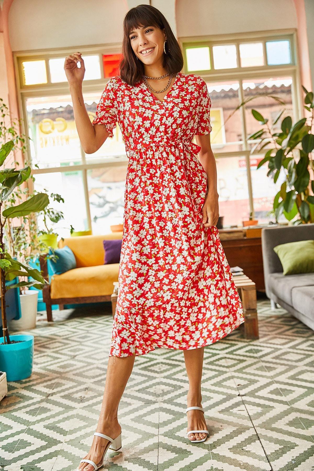 Red Floral Ruffle Hem Dress, Red, large image number 4