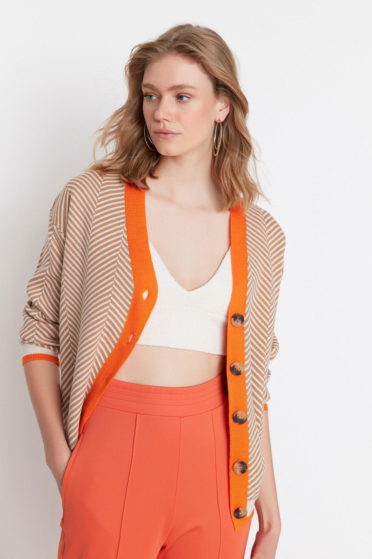 Brown V Neck Cardigan, , large image number 1