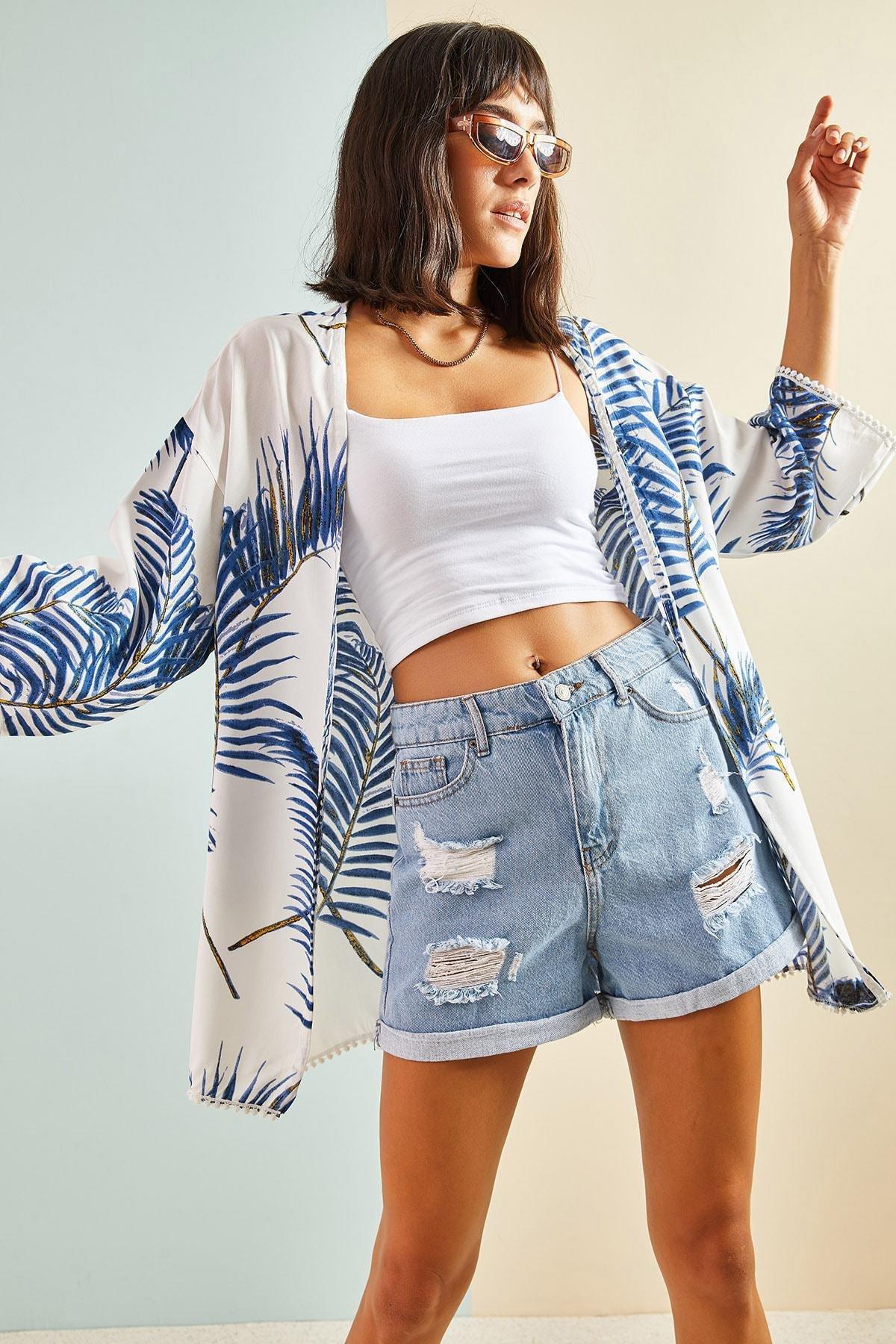 Blue Lace Detailed Patterned Viscose Kimono, Blue, large image number 1