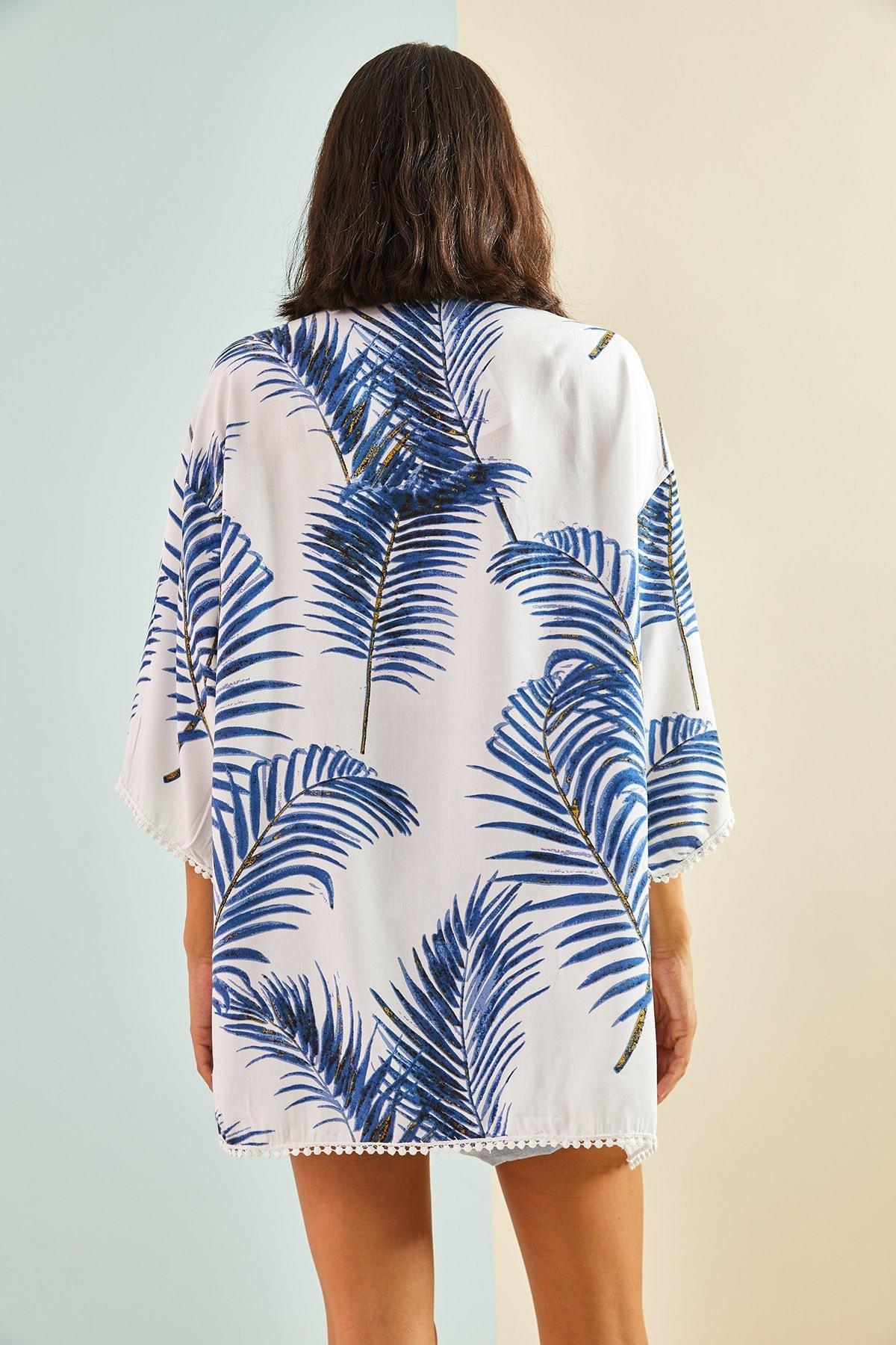 Blue Lace Detailed Patterned Viscose Kimono, Blue, large image number 4