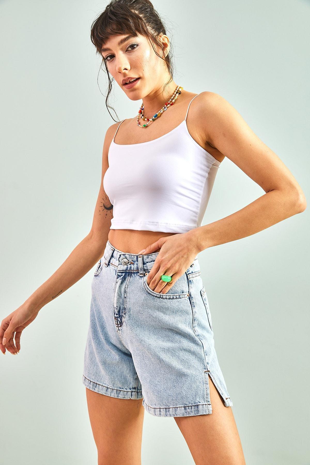 White Side Slit Denim Shorts, , large image number 0