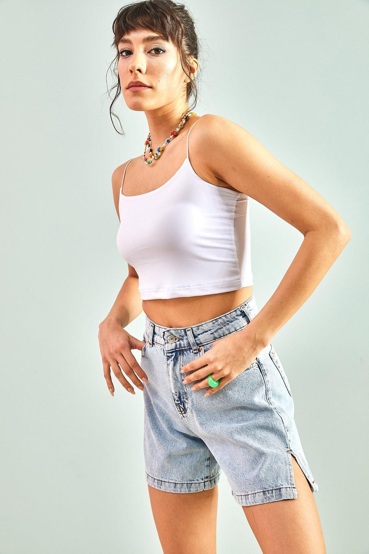 White Side Slit Denim Shorts, , large image number 6