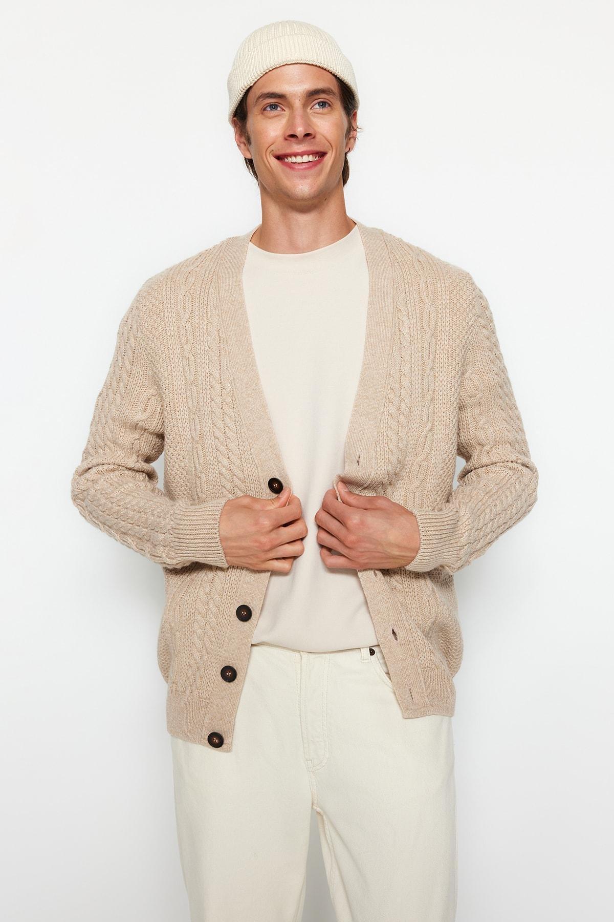 Beige V Neck Cardigan, , large image number 1