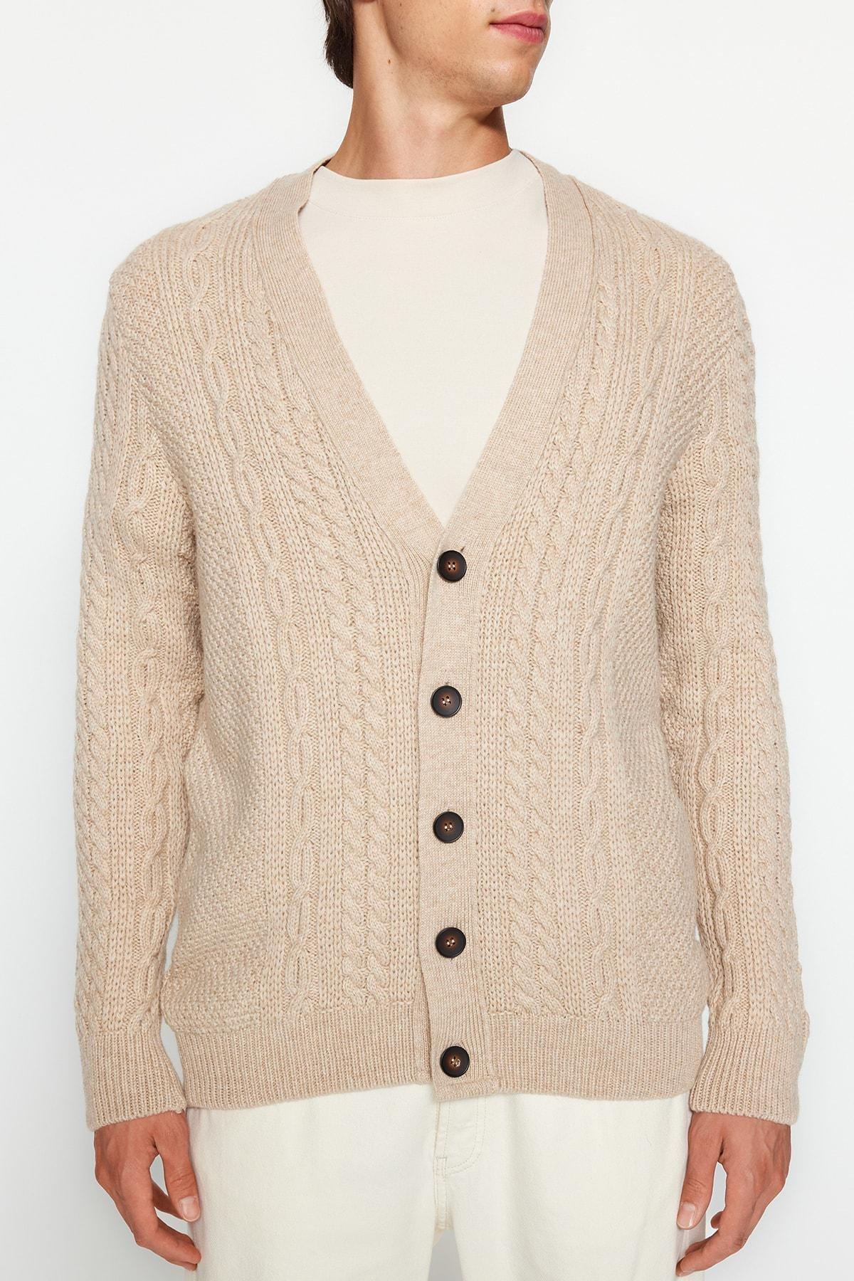 Beige V Neck Cardigan, , large image number 4