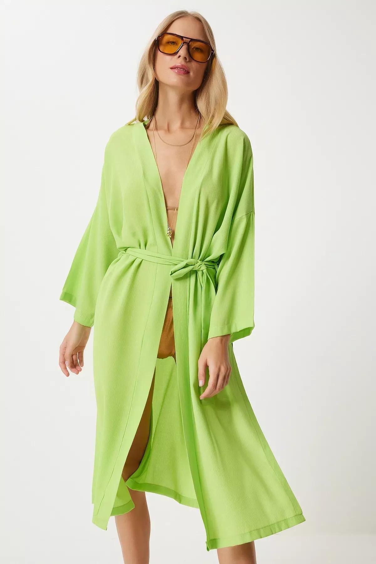 Green Belted Crinkle Kimono, , large image number 0