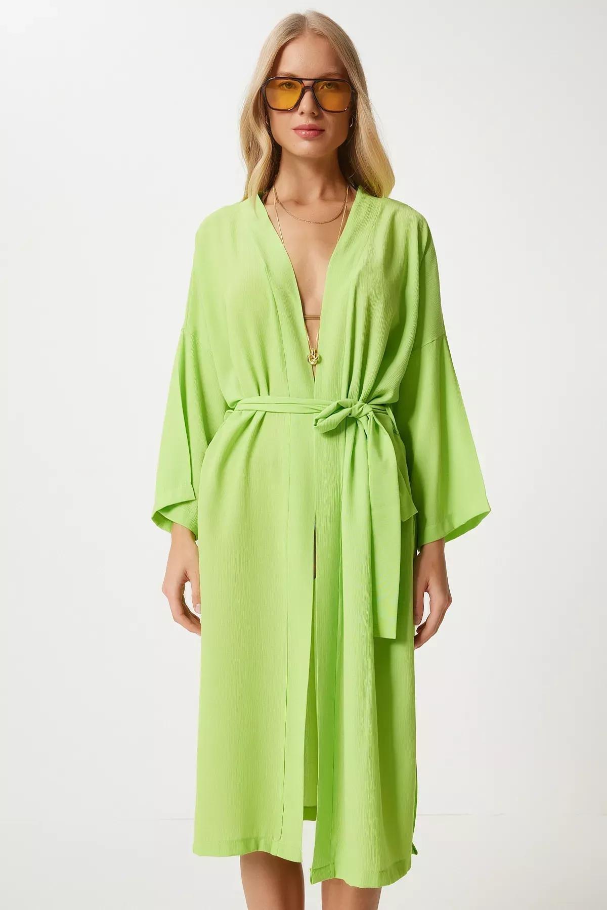 Green Belted Crinkle Kimono, , large image number 2