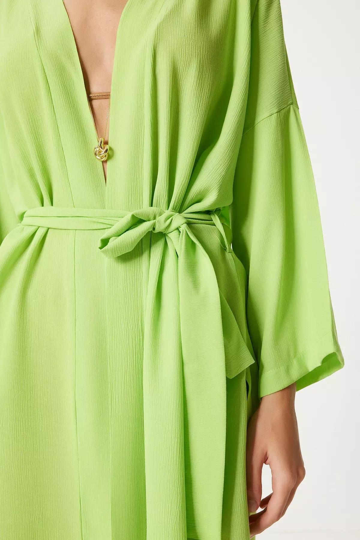 Green Belted Crinkle Kimono, , large image number 3