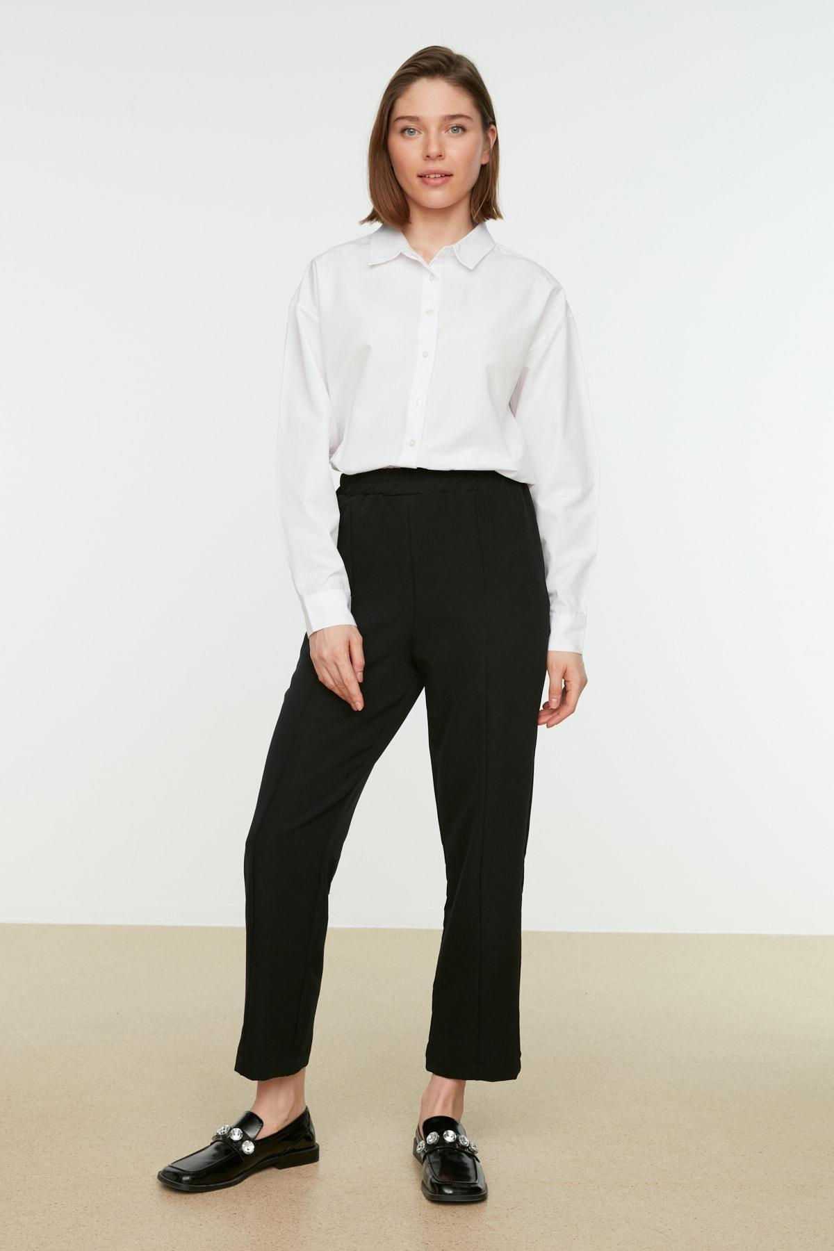 Black Straight Mid Waist Pants, , large image number 0