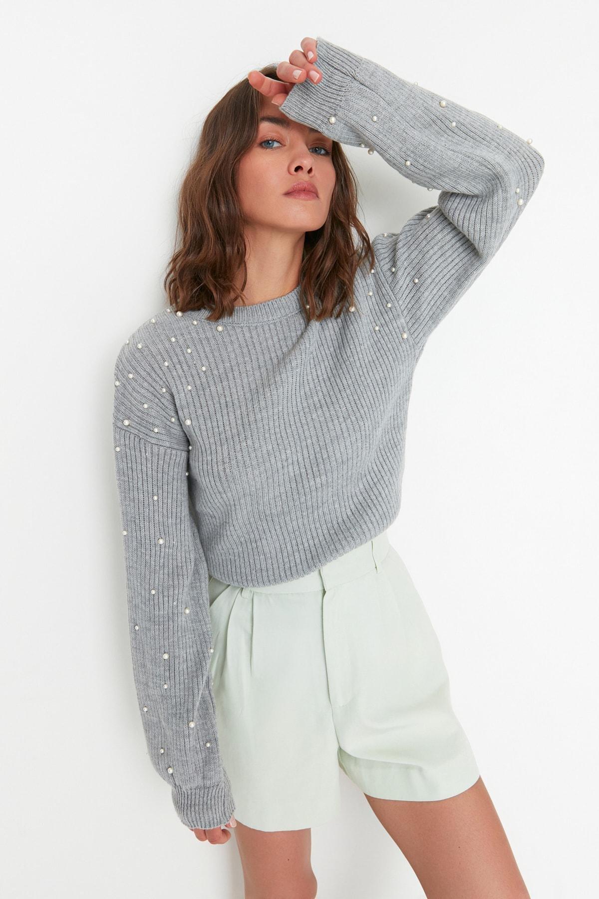 Gray Crew Neck Knitwear Sweater, , large image number 0