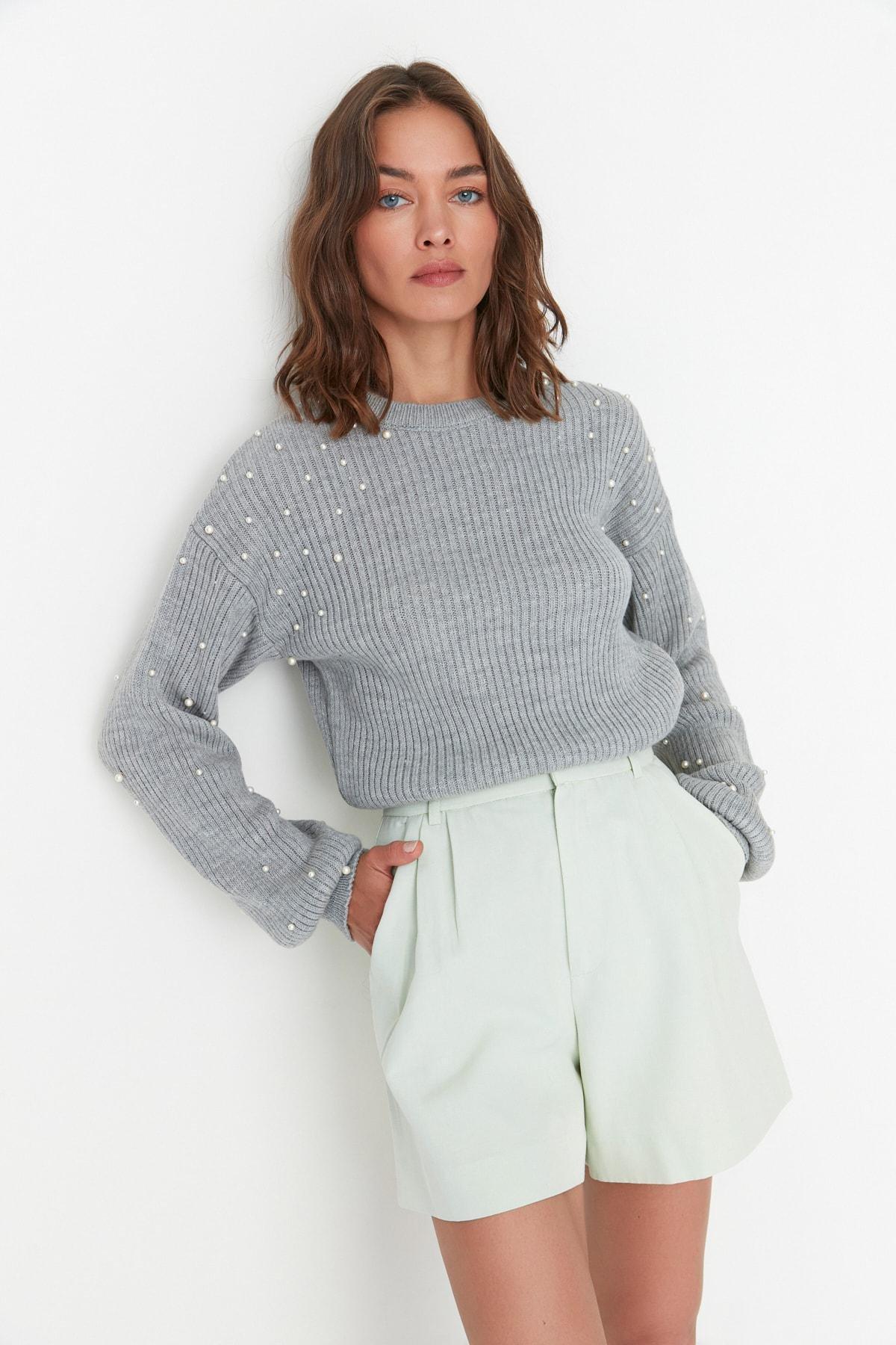 Gray Crew Neck Knitwear Sweater, , large image number 1