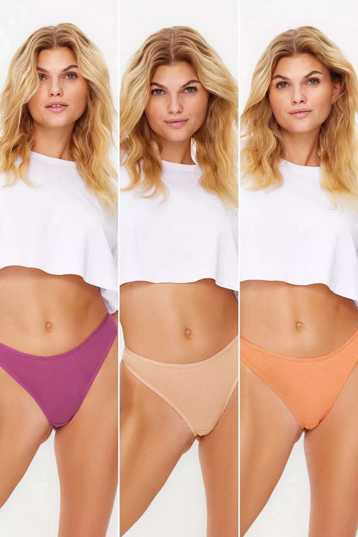 Multicolour Cotton Knitted Thong, Set of 3, Purple-Multicolor, medium