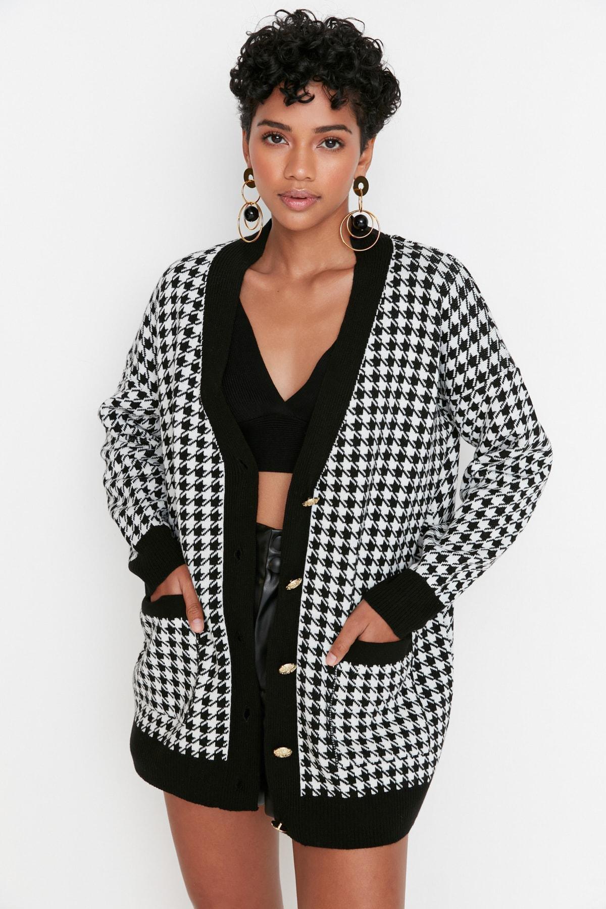 Black V-Neck Cardigan, Black, large image number 1