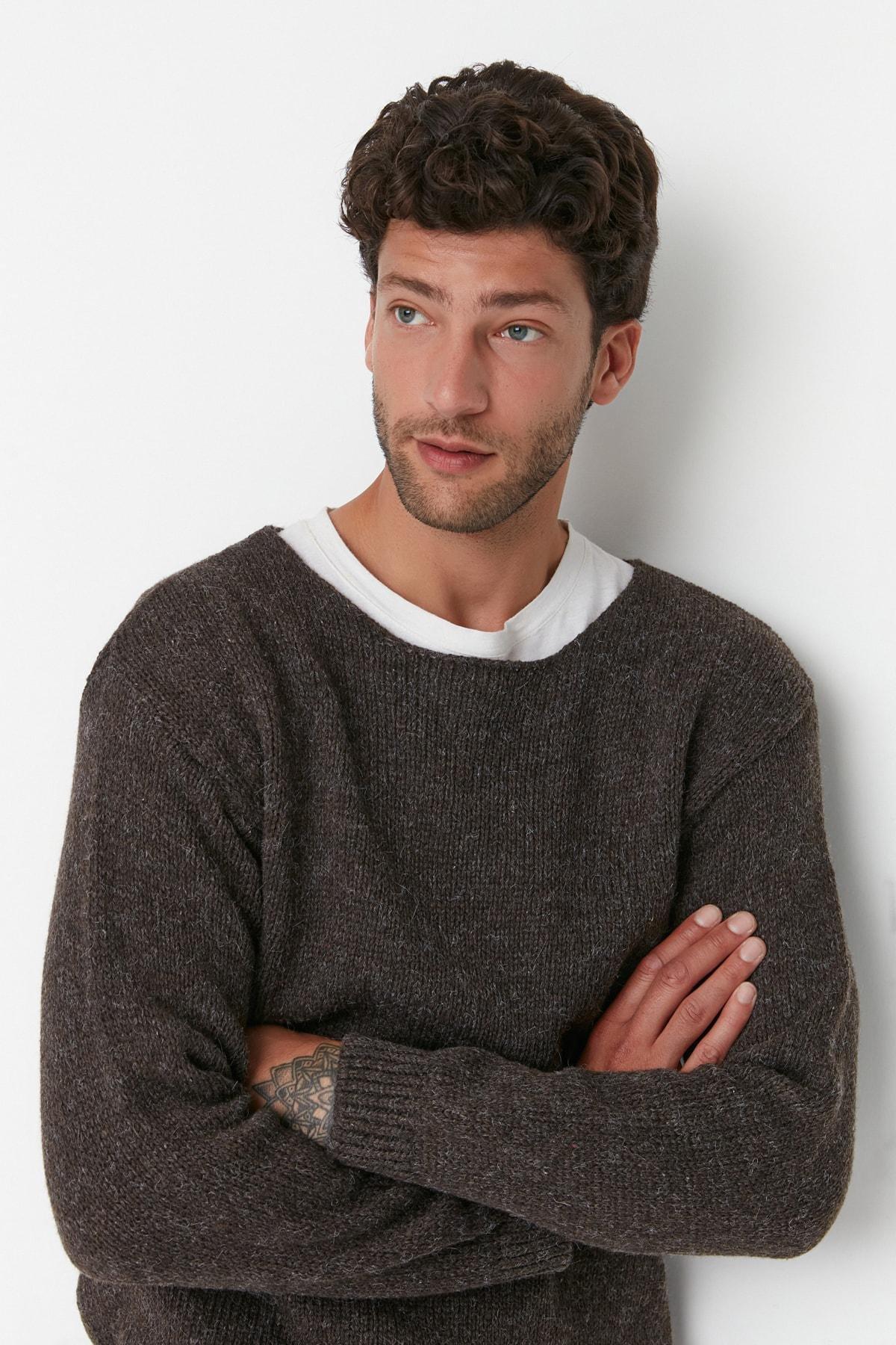 Brown Oversize Boat Neck Sweater, , large image number 0