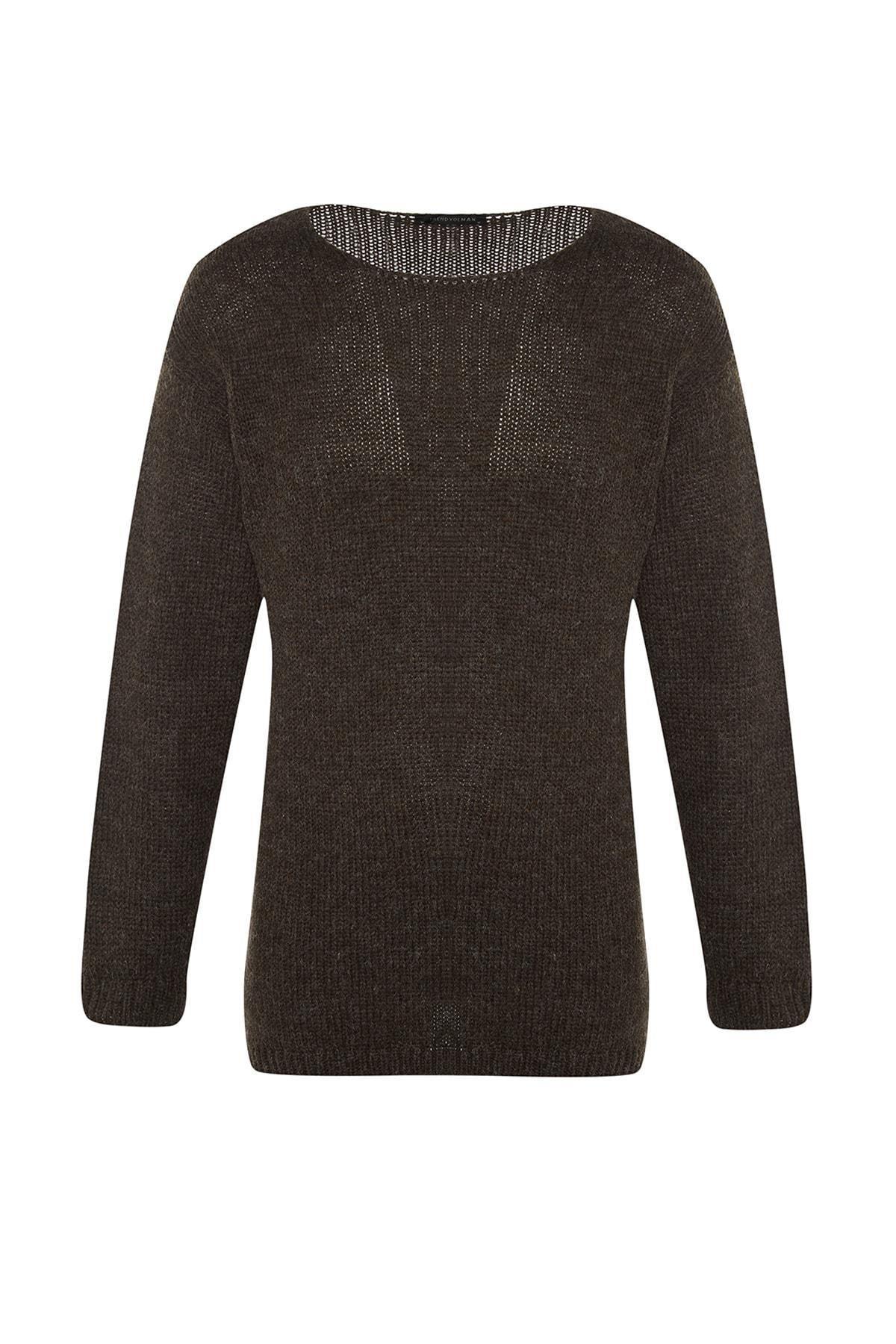 Brown Oversize Boat Neck Sweater, , large image number 7