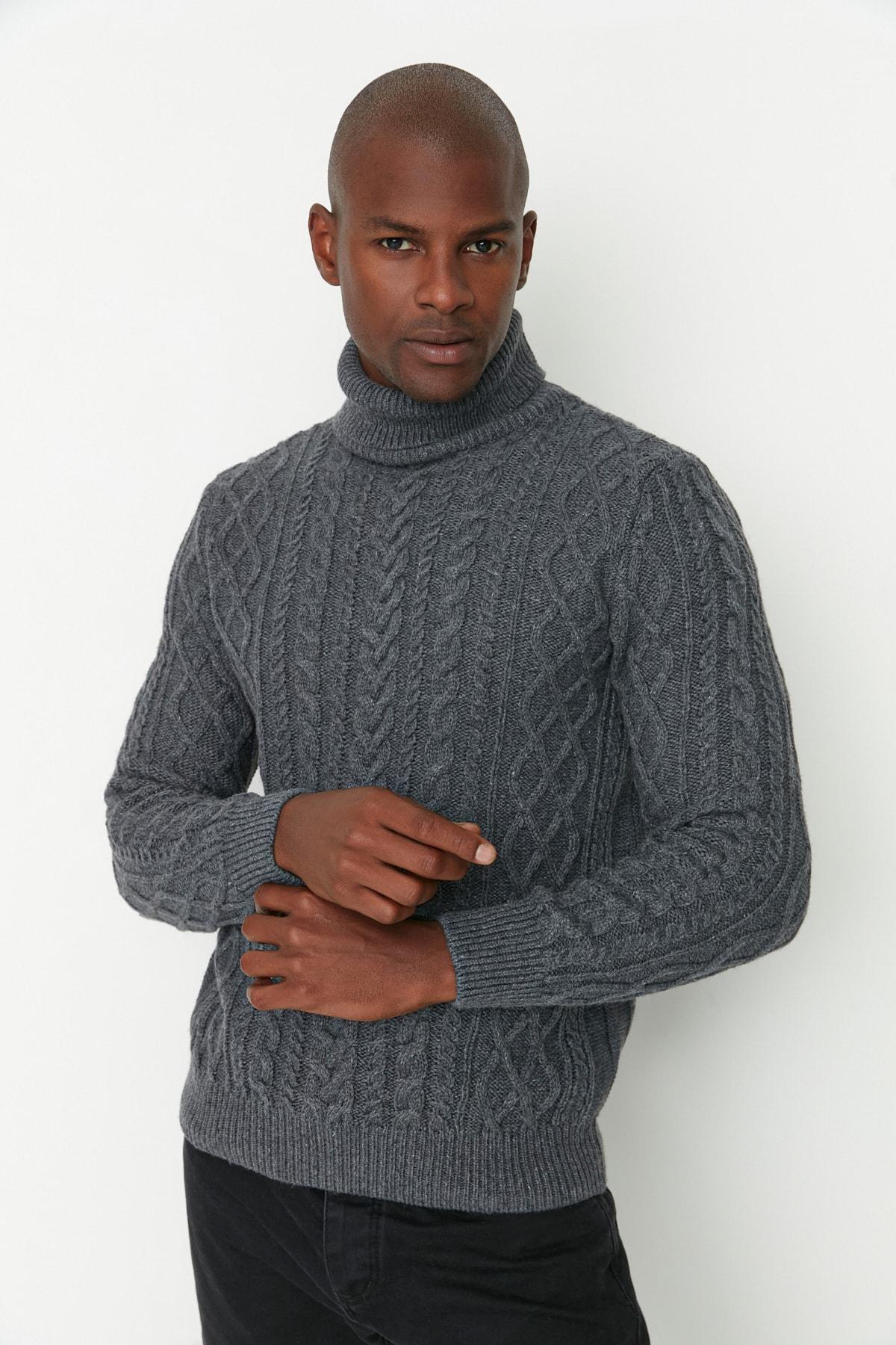 Grey Slim Fit Turtleneck Knitted Sweater, , medium