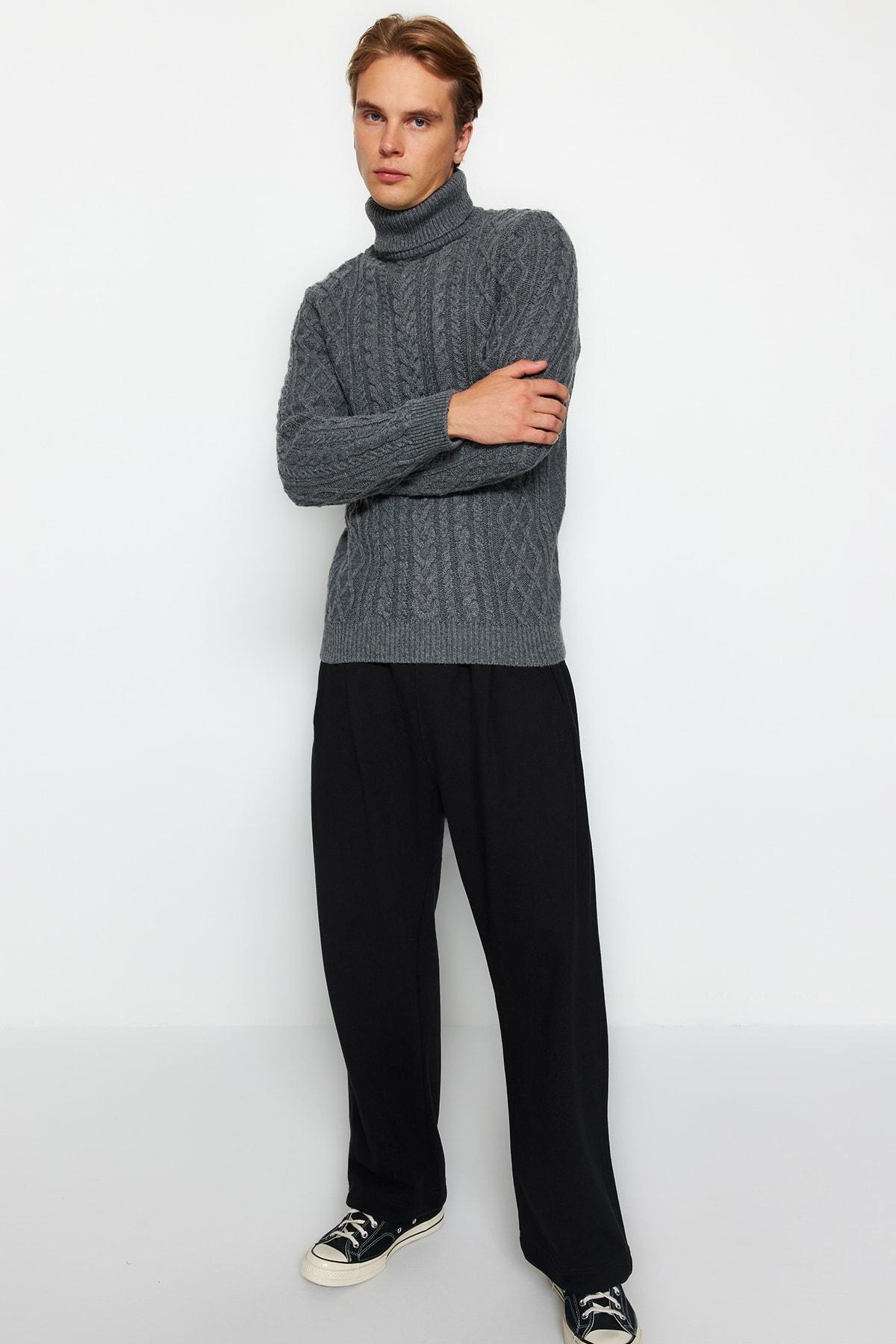 Grey Slim Fit Turtleneck Knitted Sweater, Gray, large image number 1