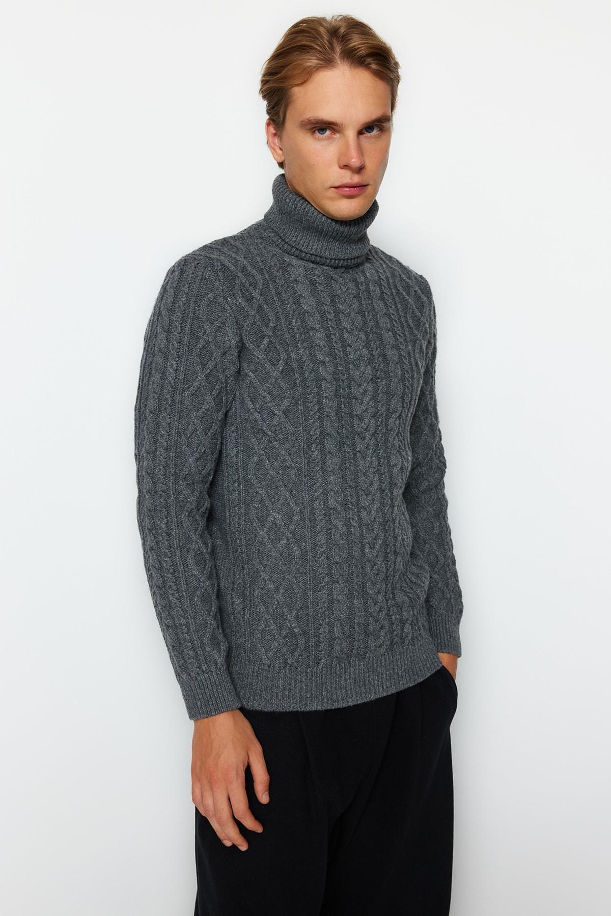 Grey Slim Fit Turtleneck Knitted Sweater, Gray, large image number 2