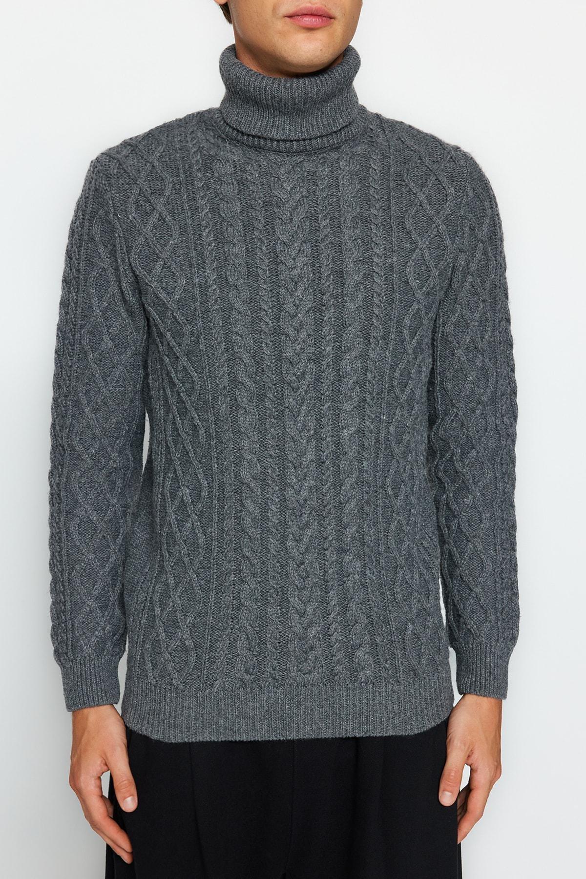 Grey Slim Fit Turtleneck Knitted Sweater, Gray, large image number 3