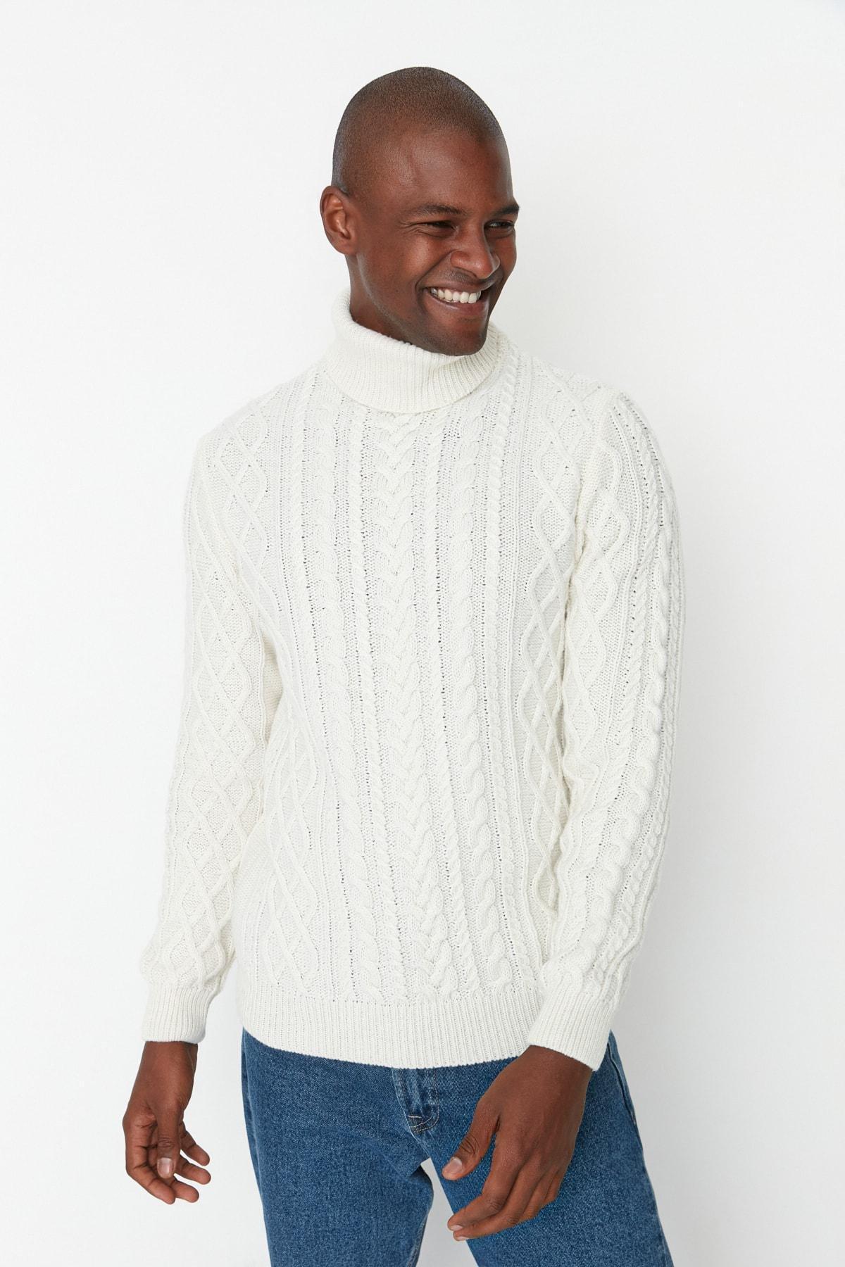 Cream Slim Turtleneck Sweater, , medium