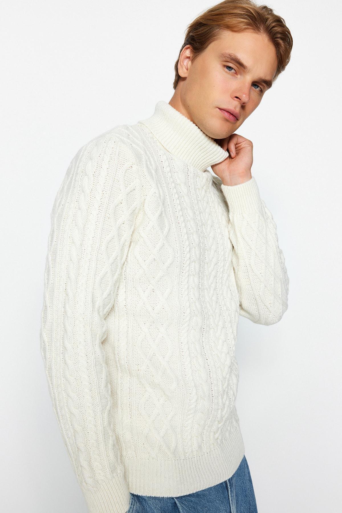Cream Slim Turtleneck Sweater, , large image number 1