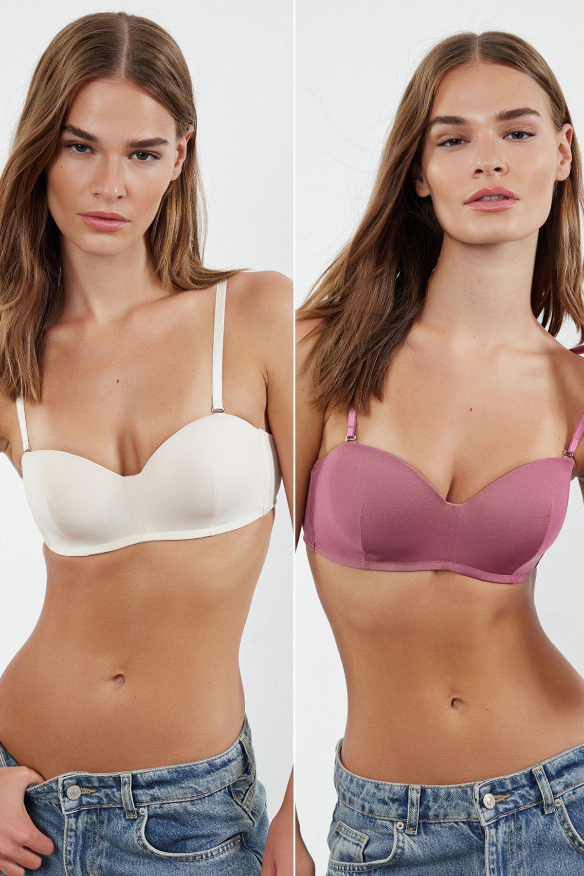 Dusty Rose-Skin 2 Pack String Strapless Padded Full Cup Balconet Knitted Bra THMSS21SU0141, 2, , large image number 0
