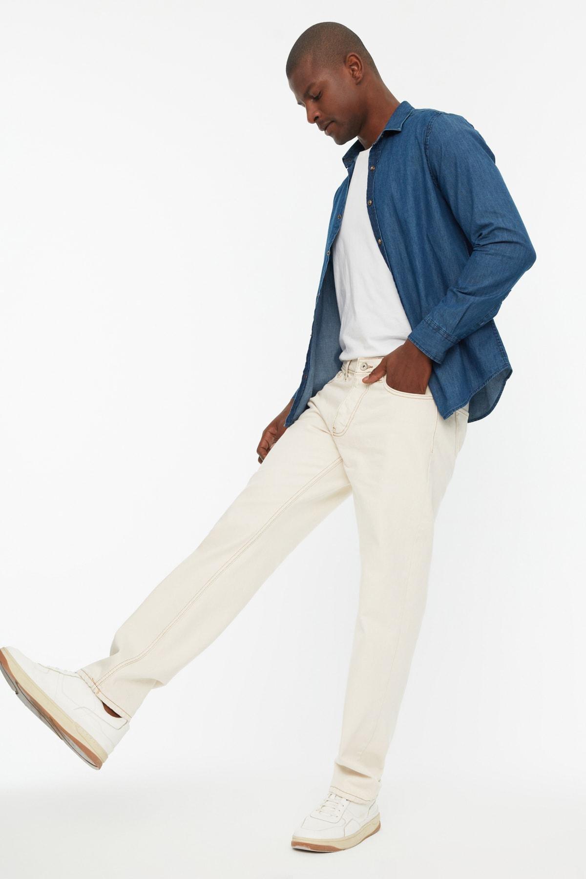 White Straight Mid Waist Jeans, , large image number 0