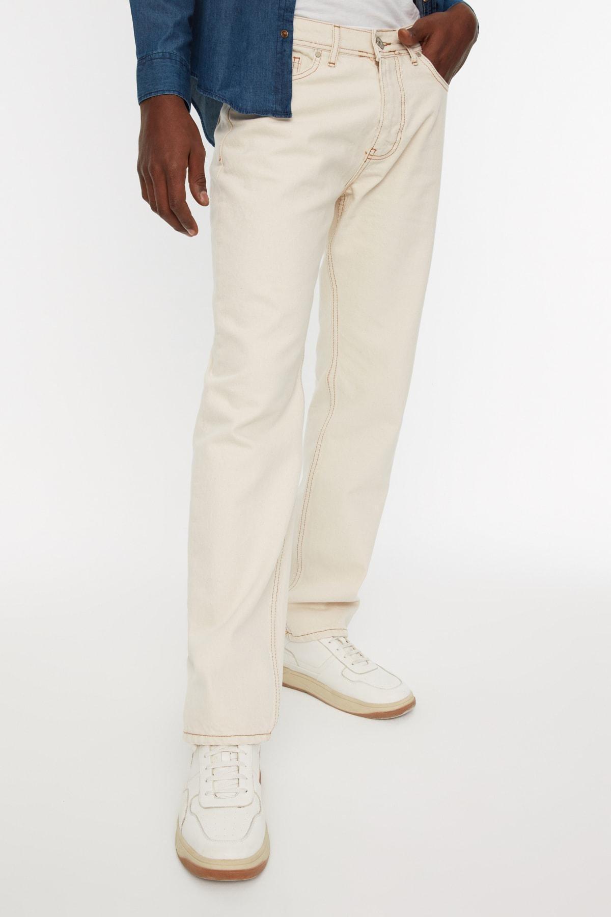White Straight Mid Waist Jeans, , large image number 1