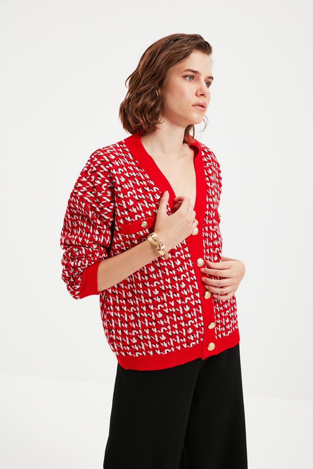 Red V Neck Cardigan, , large image number 0