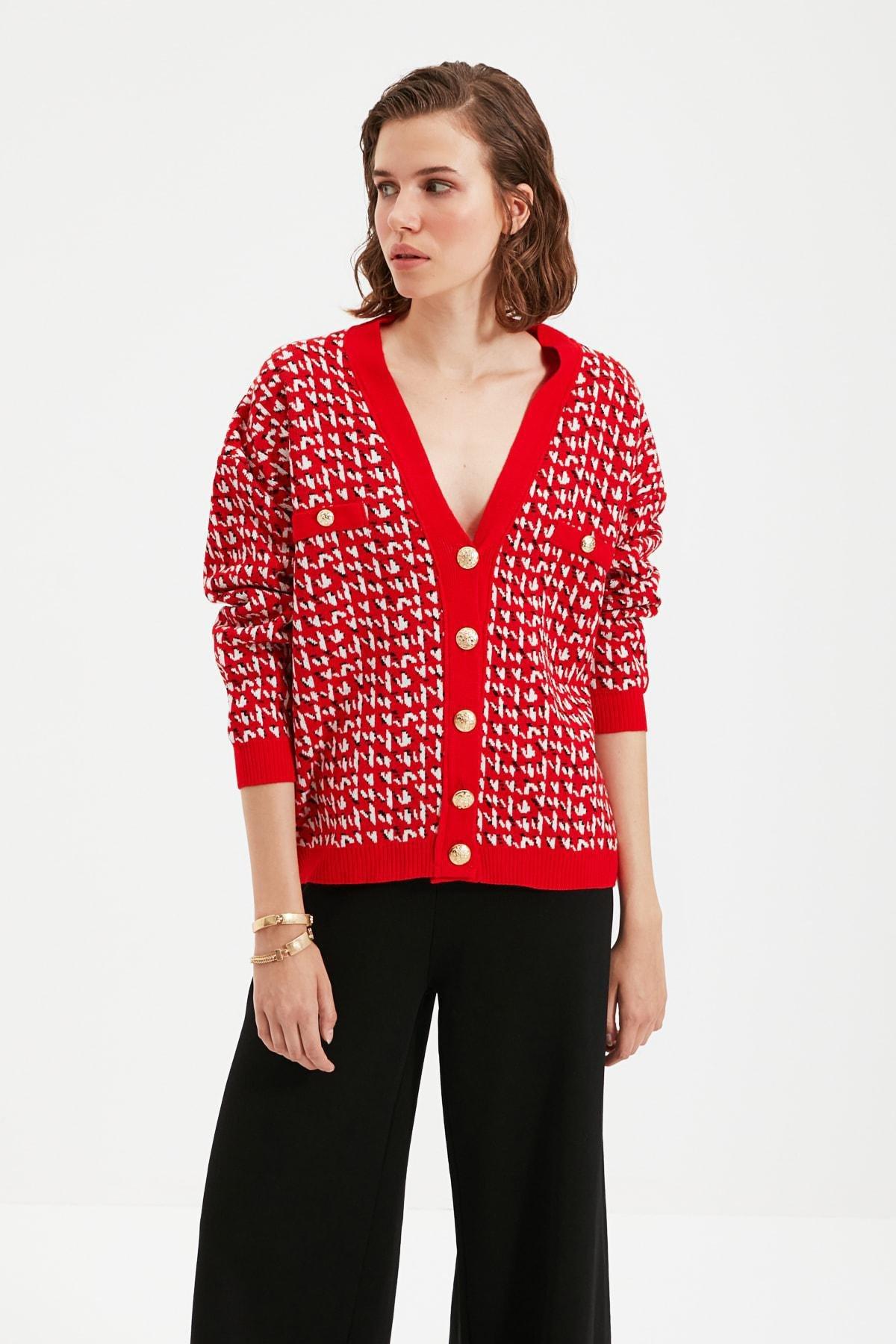Red V Neck Cardigan, , large image number 1