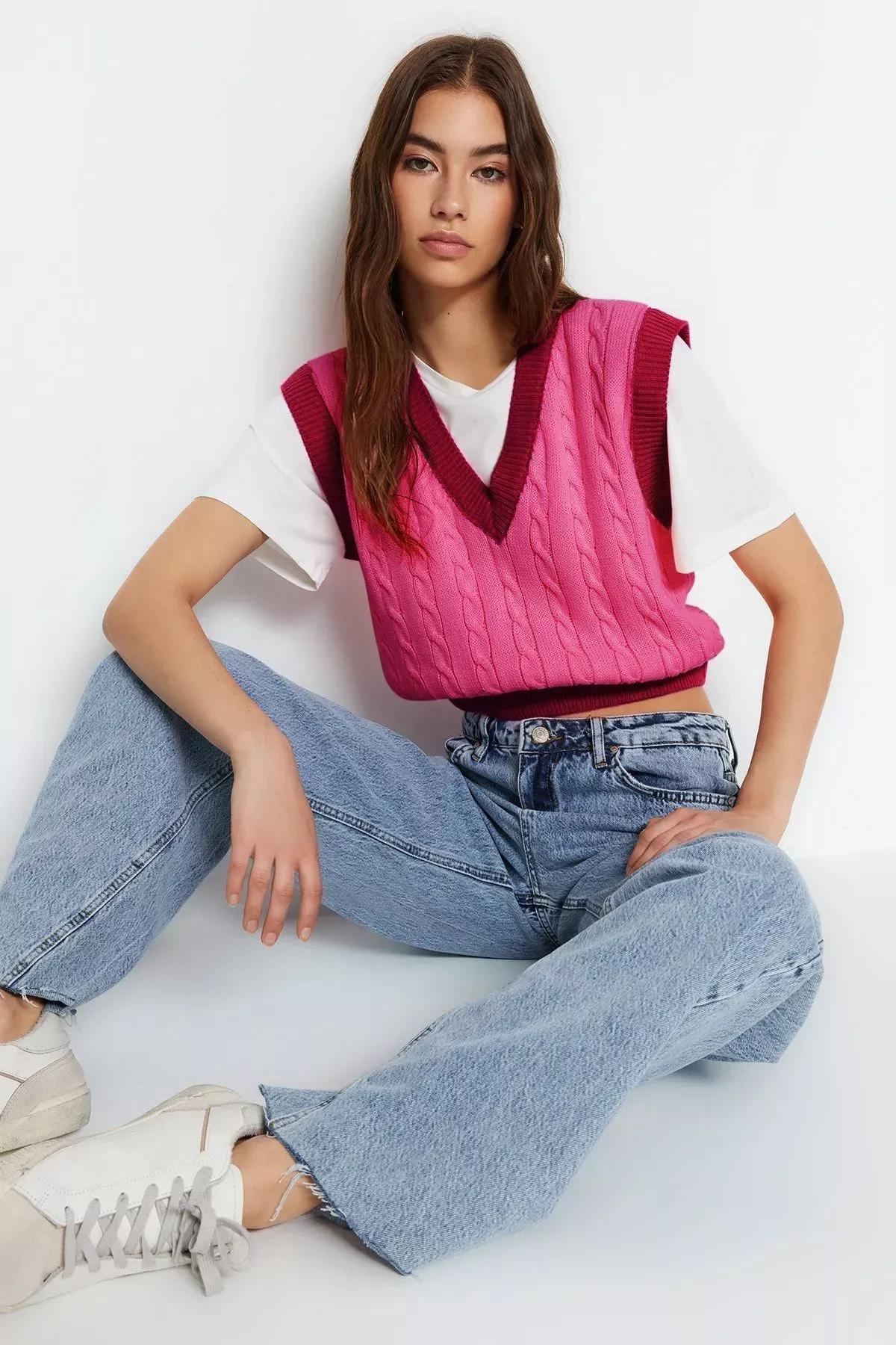 Pink V-Neck Sweater Vest, , large image number 0