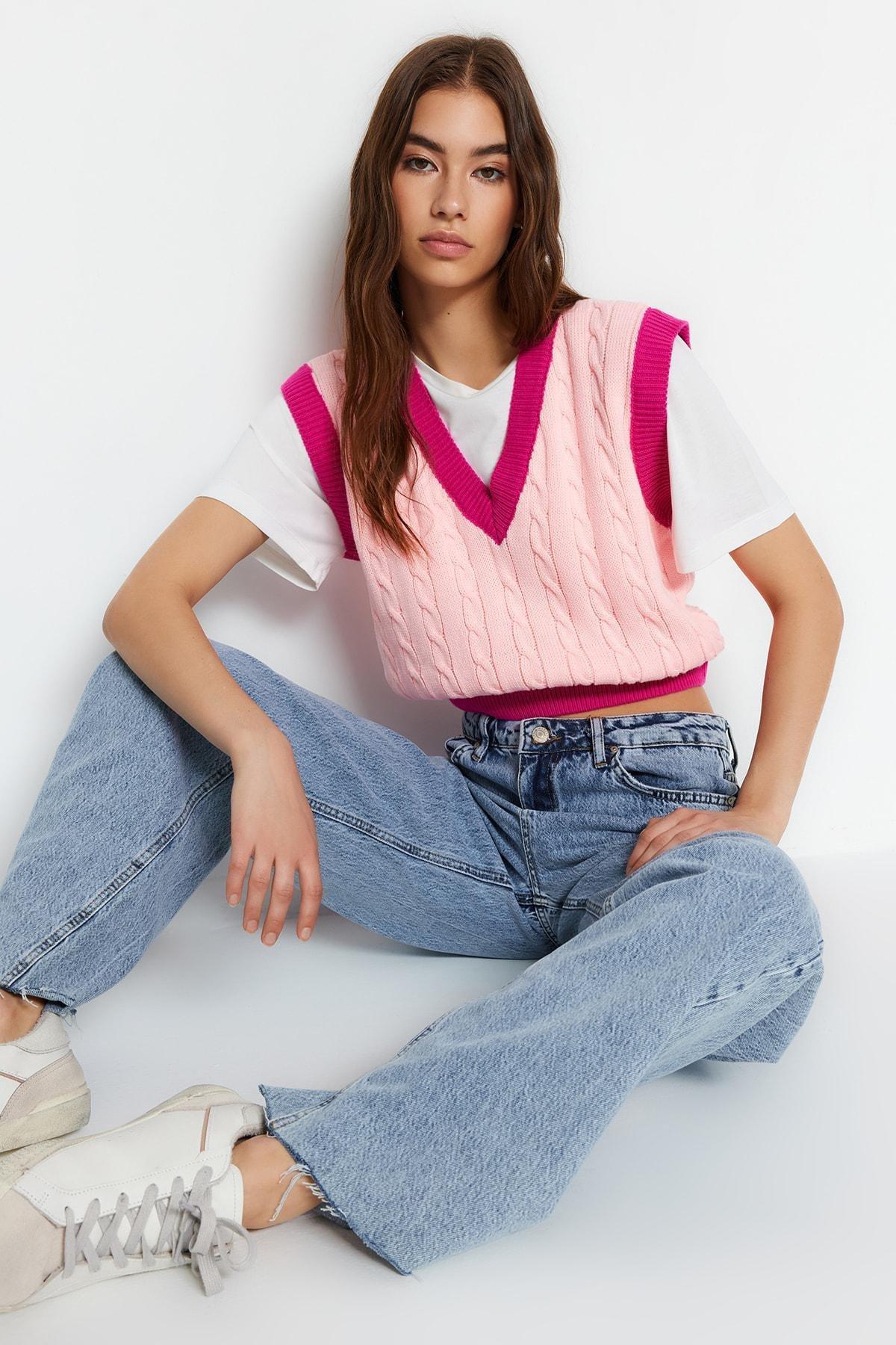 Pink V-Neck Sweater Vest, , large image number 1