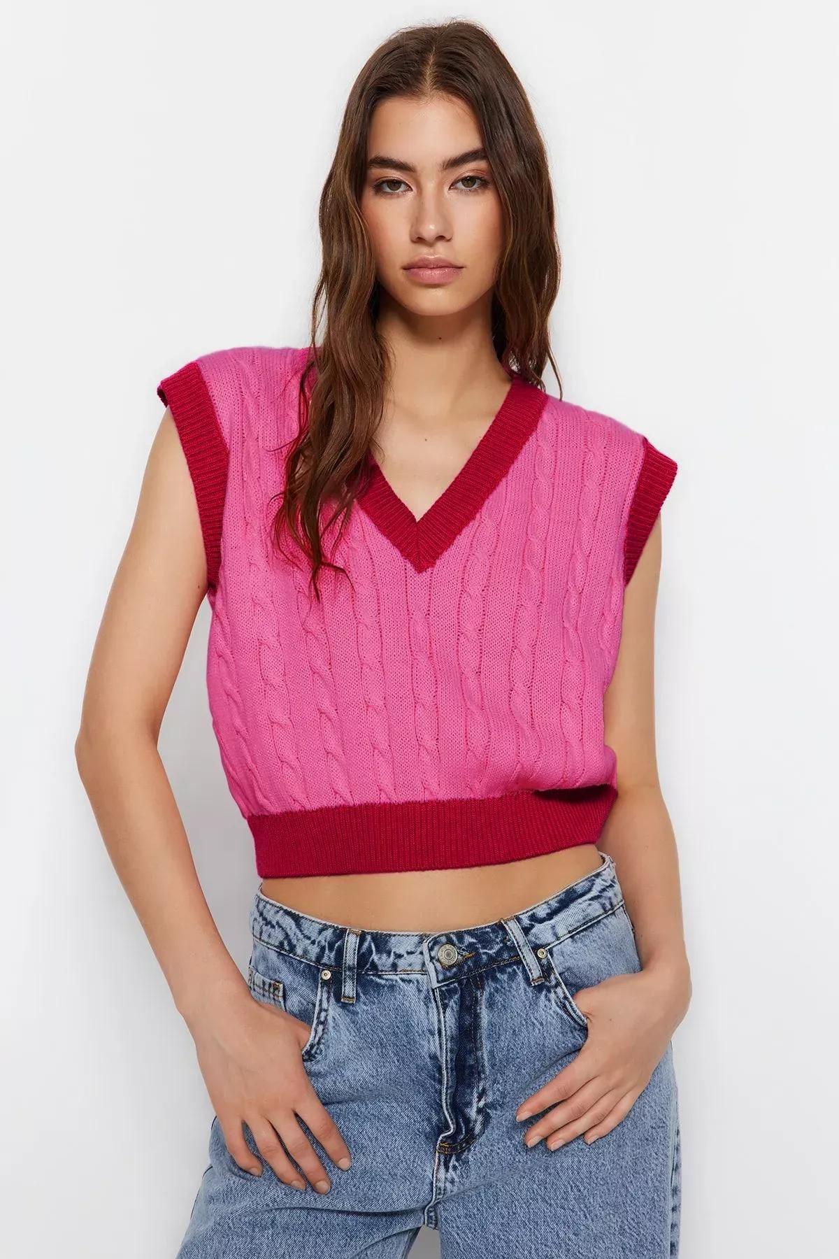 Pink V-Neck Sweater Vest, , large image number 1