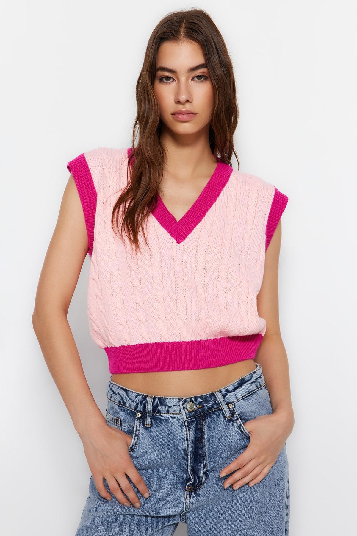 Pink V-Neck Sweater Vest, , large image number 2