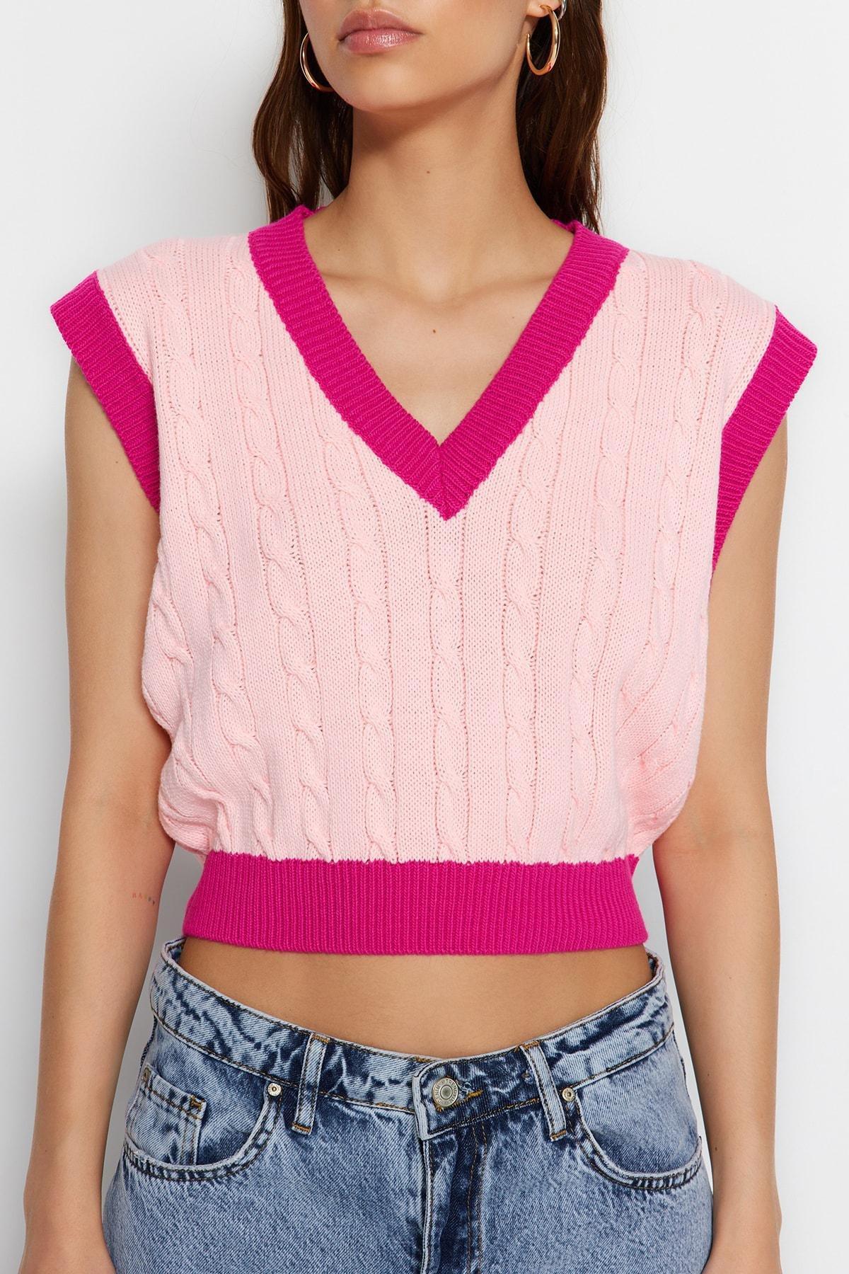 Pink V-Neck Sweater Vest, , large image number 3